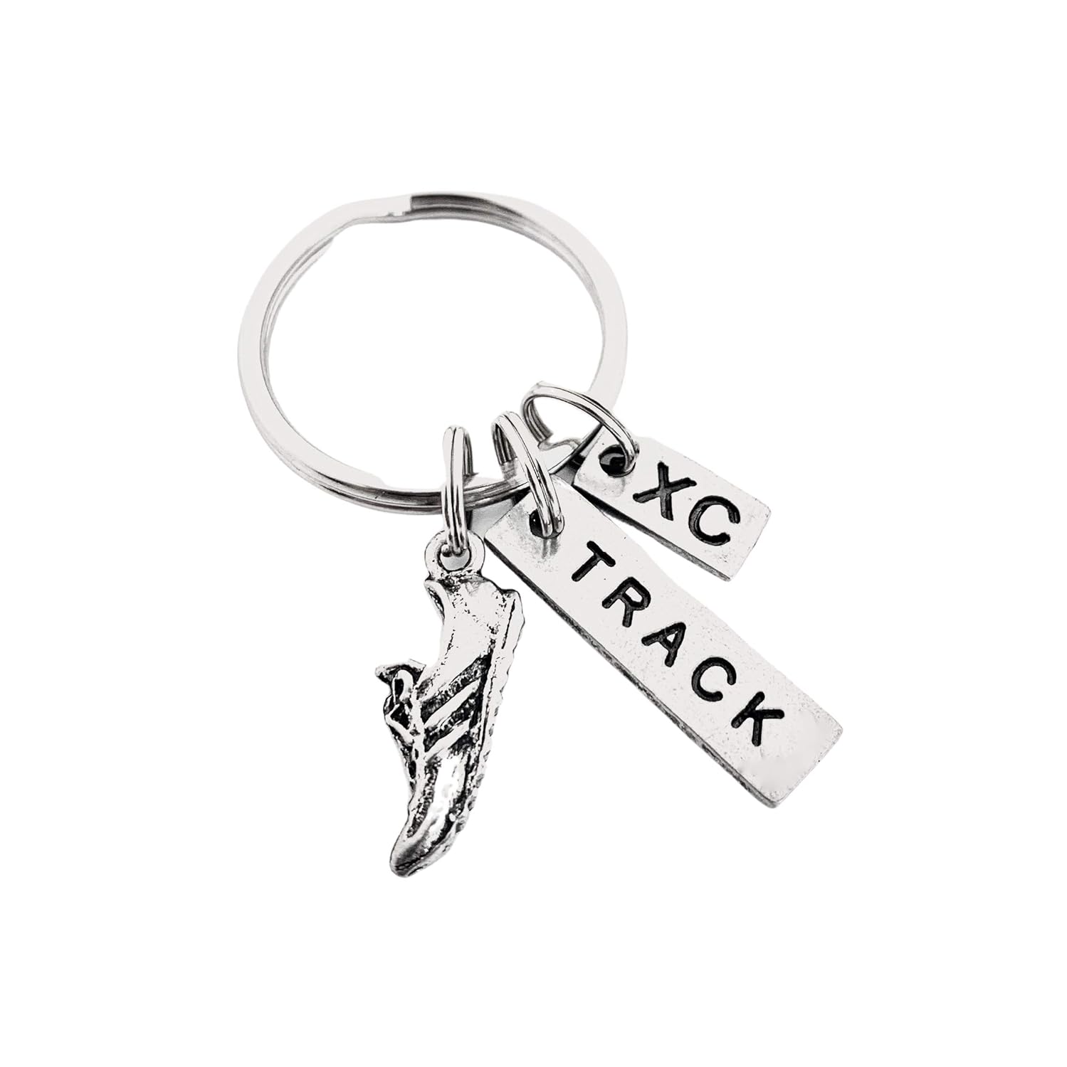 Pewter RUN TRACK XC Key Chain – Pewter Running Shoe Charm, Pewter TRACK Pendant and Pewter XC Charm on Round Key Ring – All Pewter Key