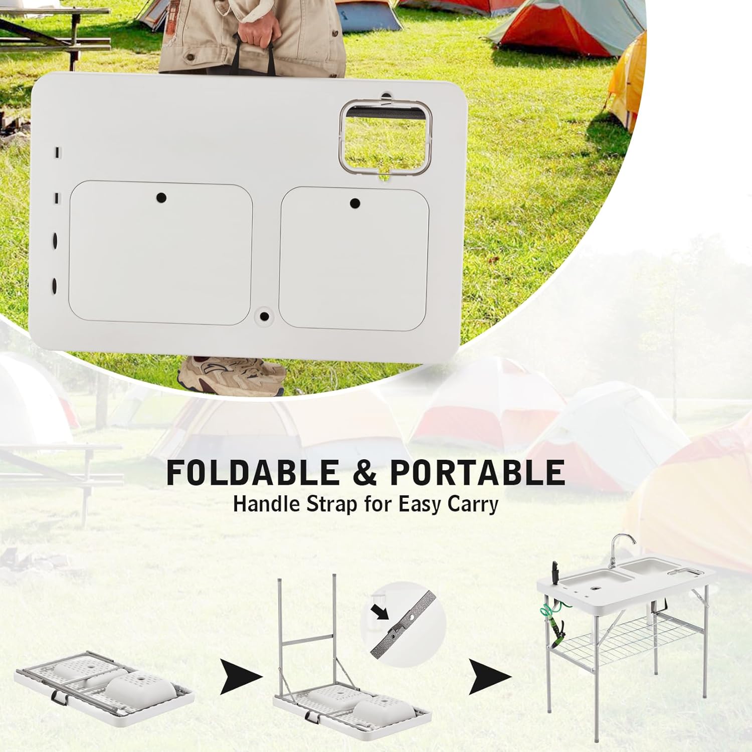 Hupmad Mesa plegable de limpieza de peces de 37 pulgadas con lavabos dobles y grifo, estación de filete portátil al aire libre con marco de rejilla,