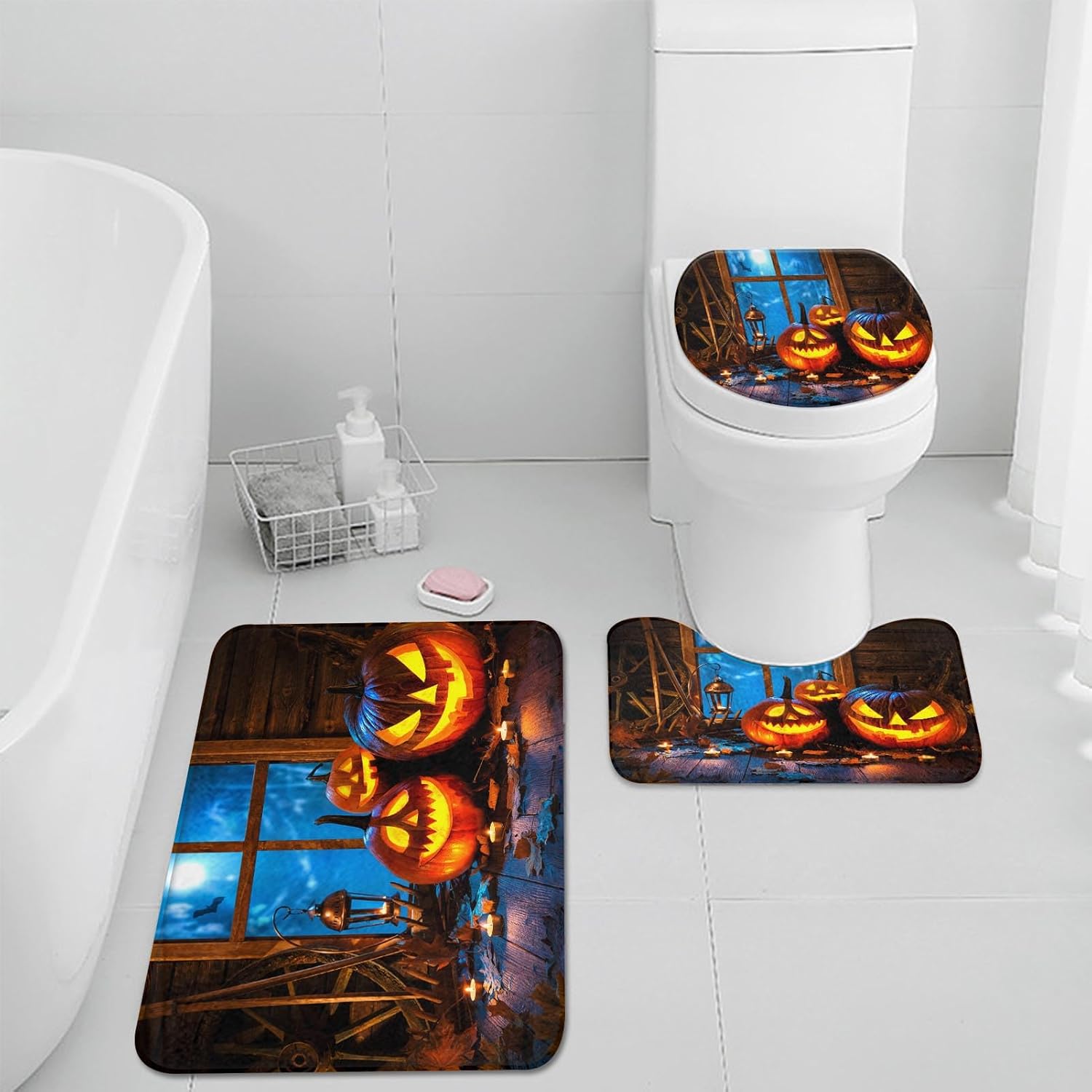 Juego de 3 alfombras y tapetes de baño de calabazas de Halloween, tapetes de baño de terror espeluznante antideslizantes, tapete de baño de espuma
