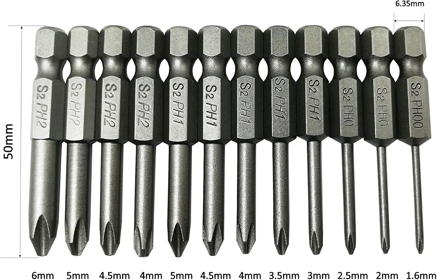 Juego de 18 puntas de destornillador Phillips ranuradas, vástago hexagonal de 14 de pulgada S2 de acero magnético de 2 pulgadas de largo con caja de