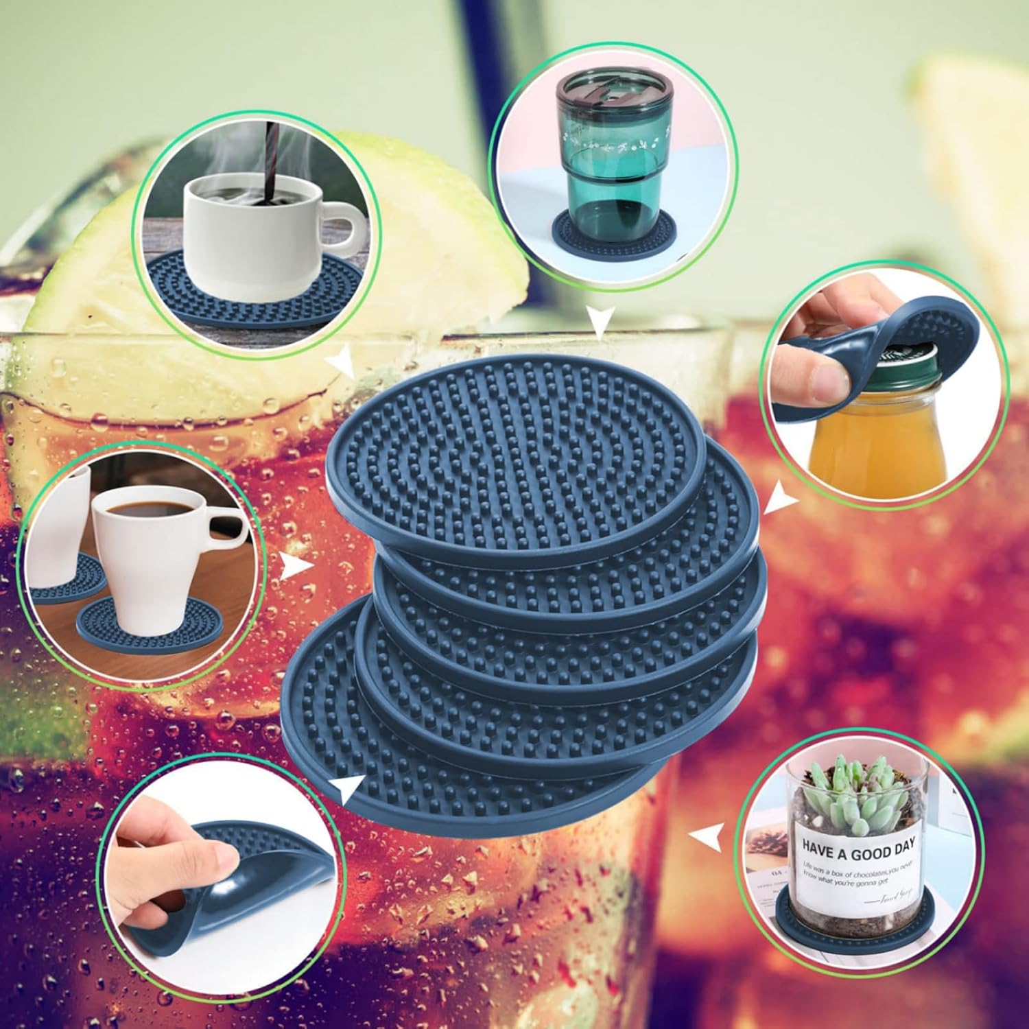Posavasos de silicona para bebidas 8 unidades, posavasos de silicona para bebidas con soporte, tapete para bebidas antideslizante y antiadherente,
