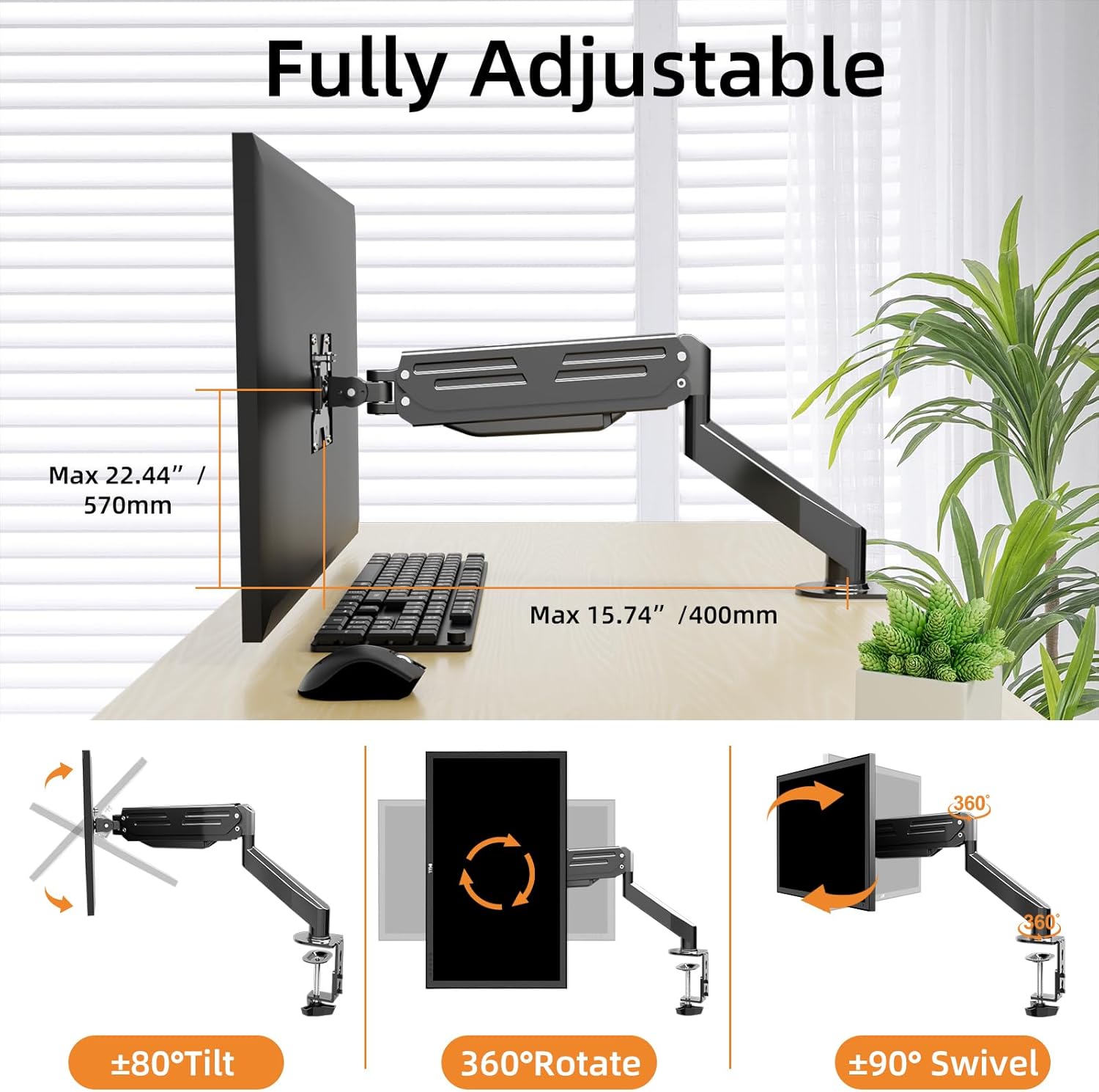Bracwiser Soporte para monitor de 17 a 27 pulgadas con resorte de gas ajustable, soporte de escritorio con soporte de hasta 13.2 libras con base de