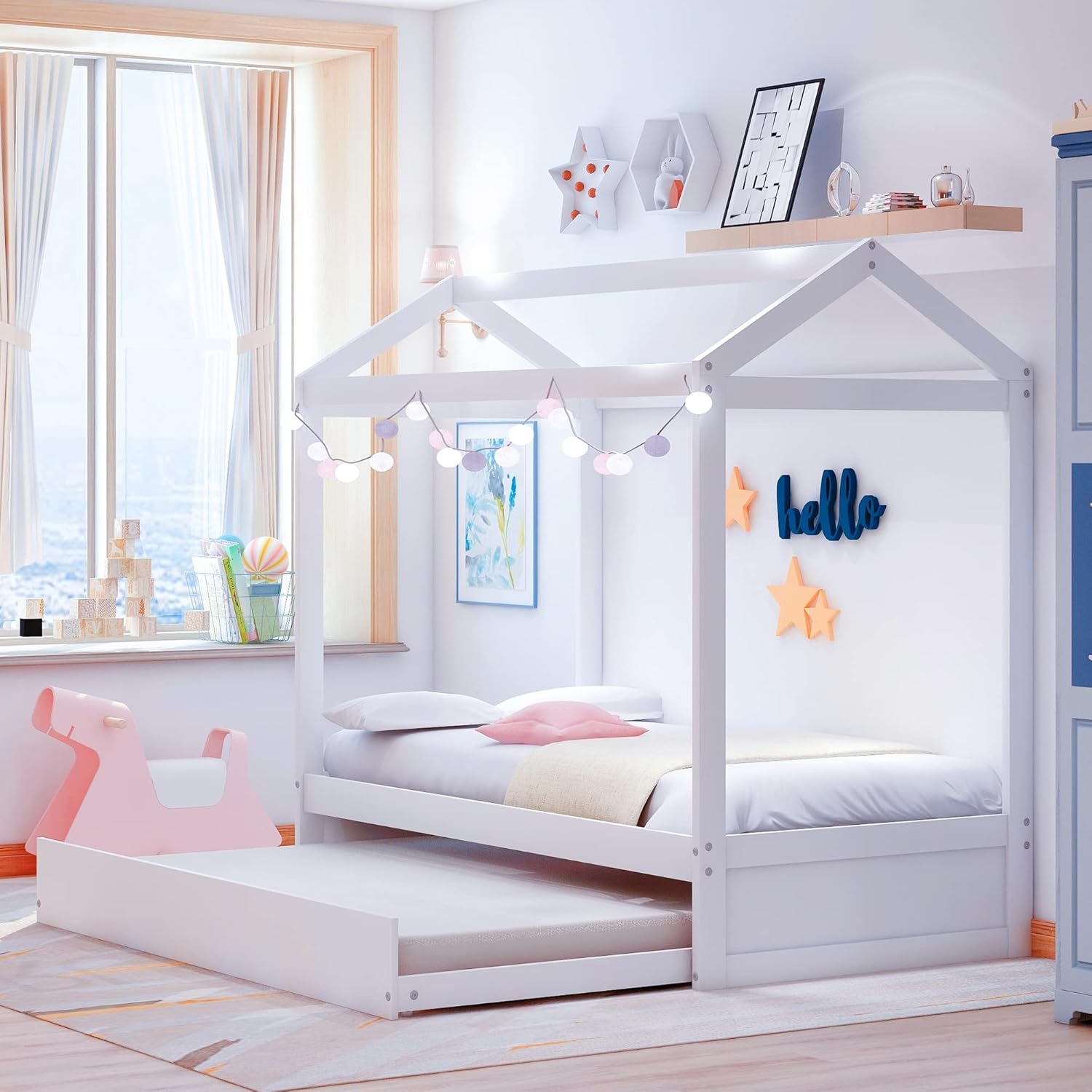Harper & Bright Designs Cama individual de casa para niños, marco de cama de tamaño individual con nido y techo, cama de casa de juegos para niños,