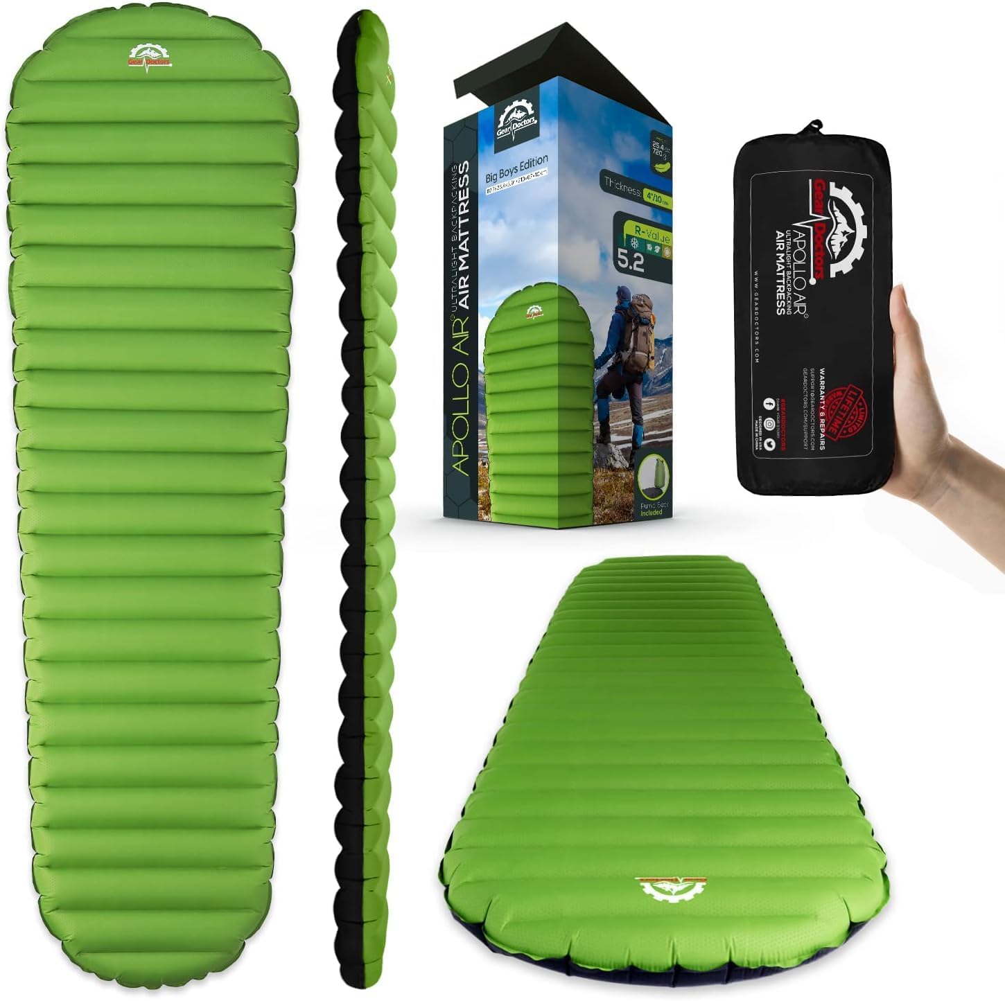 Gear Doctors Almohadillas de camping autoinflables, ultraligeras Apollo Air 4.3-5.2 R, aisladas, colchonetas de camping de 1.5-3.3 pulgadas