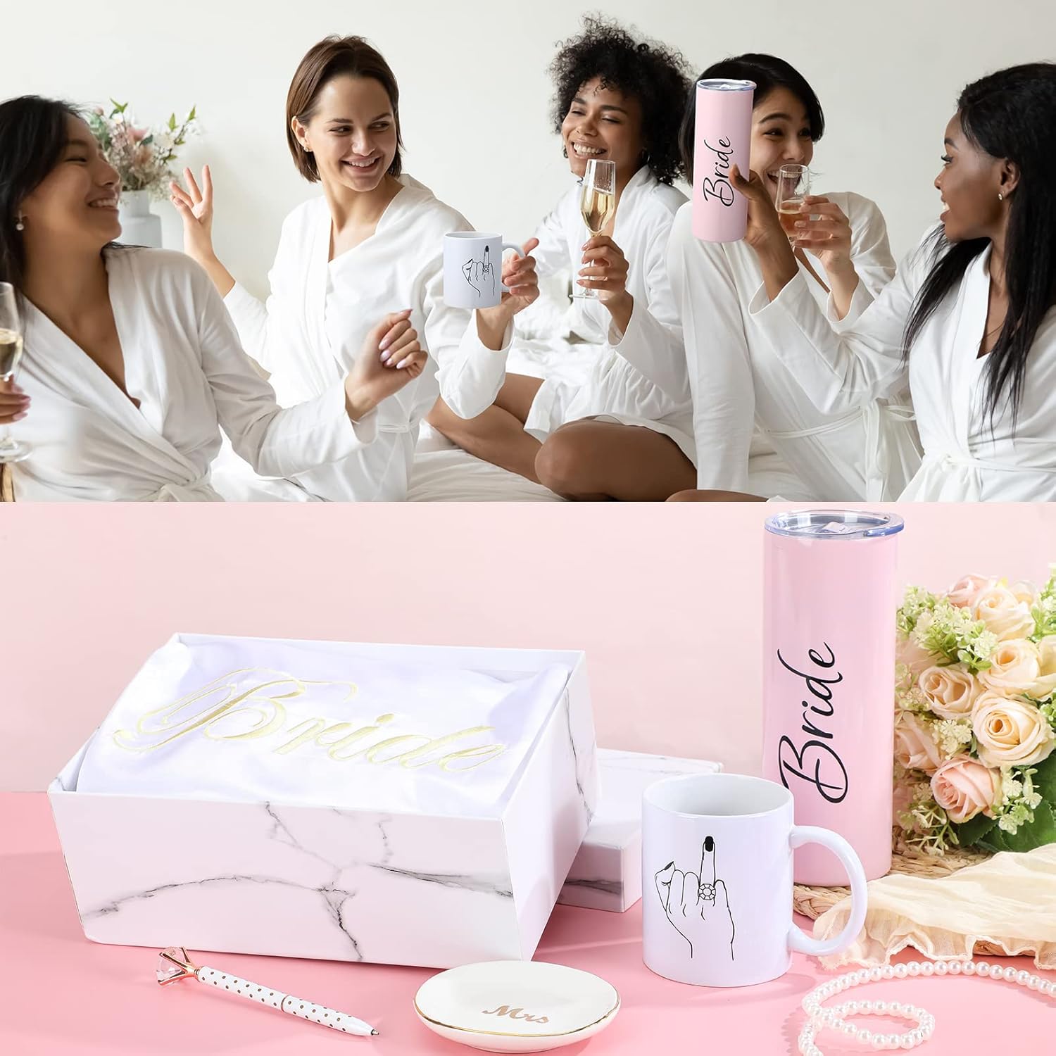 Janmercy Juego de 6 piezas de regalo para novia, caja de regalo de despedida de soltera, fiesta de compromiso, taza de acero inoxidable de 20 onzas,