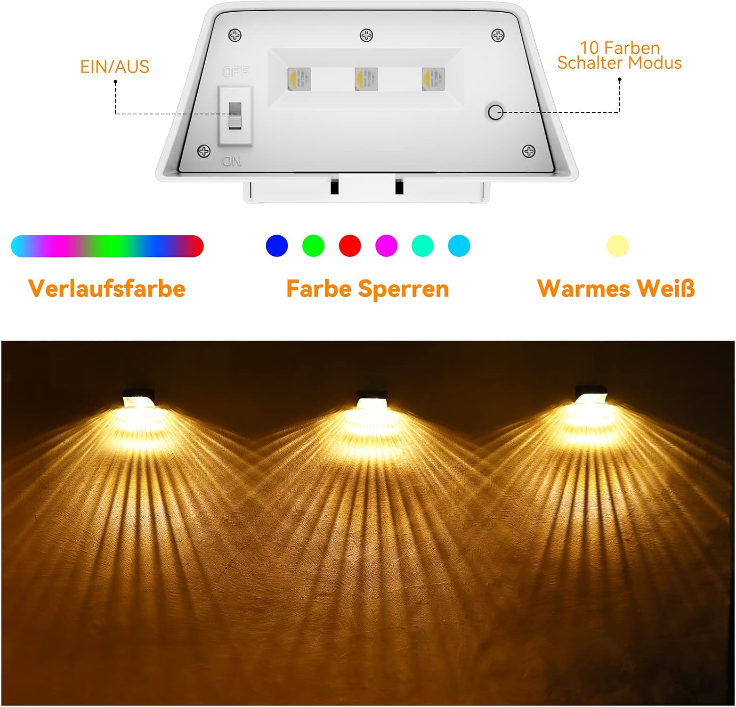 Luces solares para valla, RGB de 10 modos de trabajo, luces solares para exteriores, impermeables, luces solares LED de pared para escaleras,