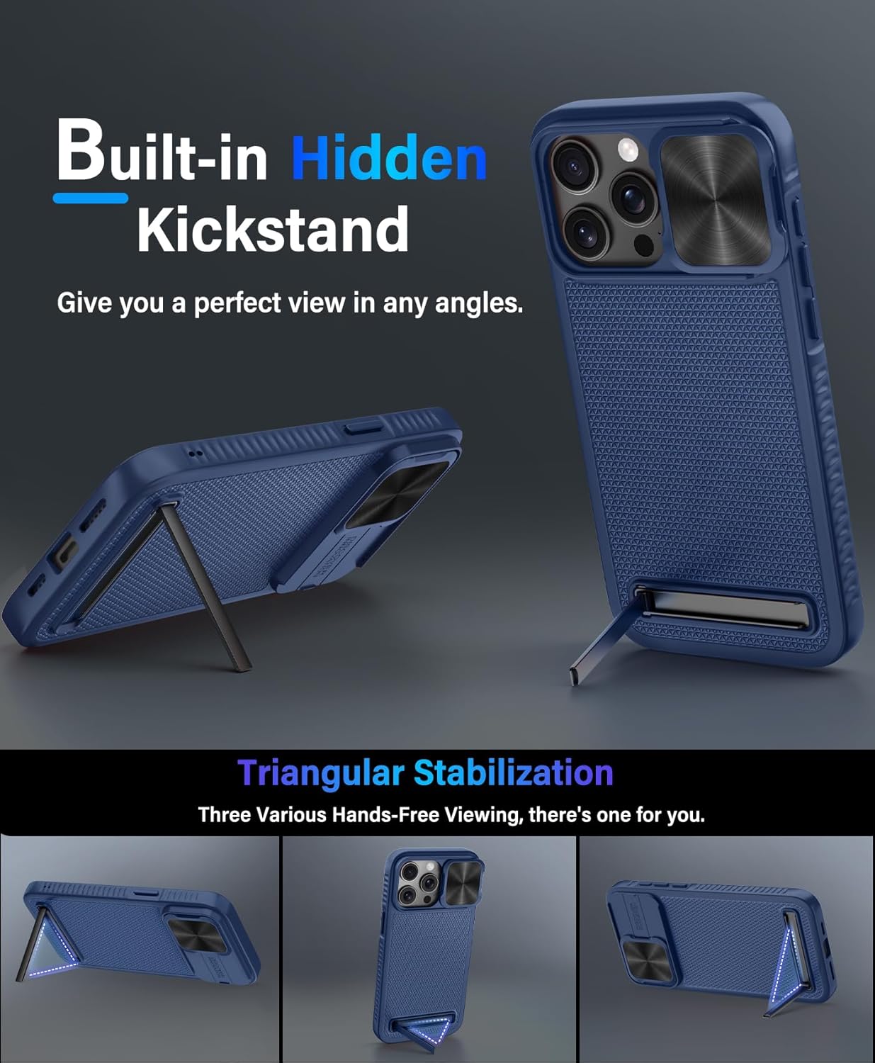 Vihibii Funda magnética fuerte para iPhone 15 Pro Max, compatible con MagSafe, soporte integrado y cubierta de lente deslizante, probada en caídas