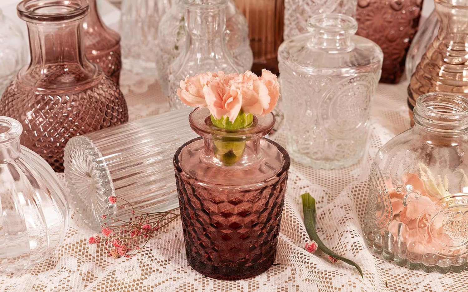 Juego de 10 jarrones pequeños para flores, jarrones rosados a granel, jarrones de cristal para centros de mesa, mini jarrón vintage perfecto para