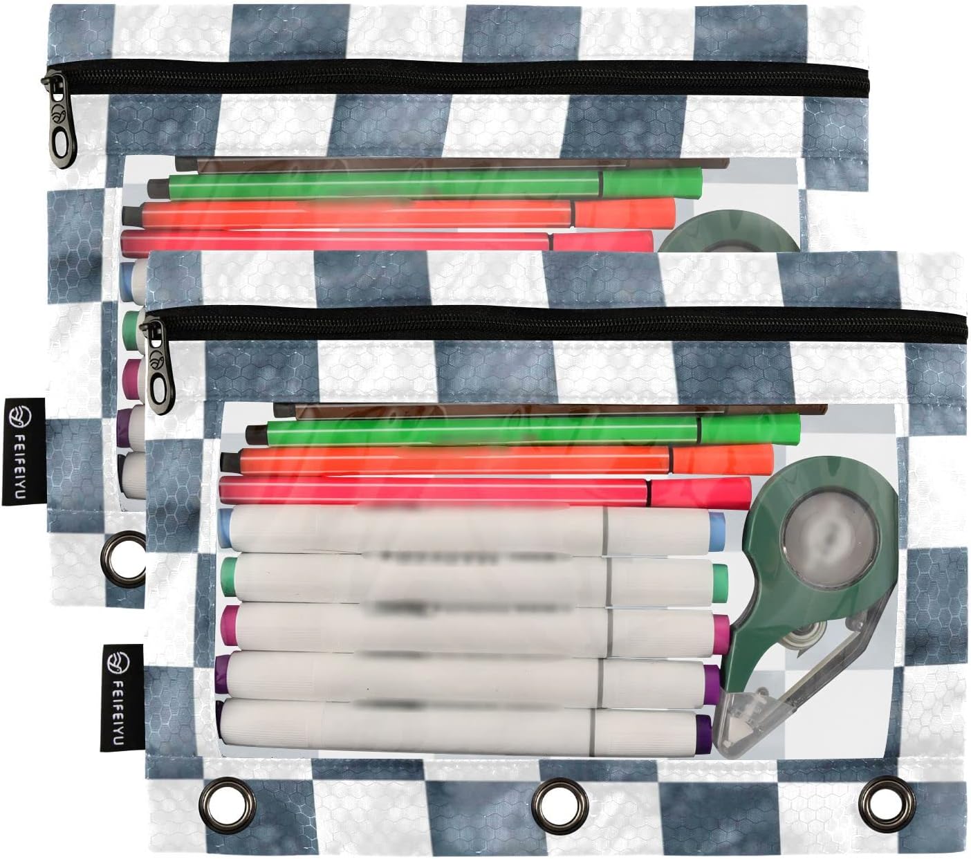 Bolsas para carpetas, bolsa para lápices de tablero de ajedrez de mármol gris para carpeta de 3 anillos, paquete de 2 bolsas transparentes con