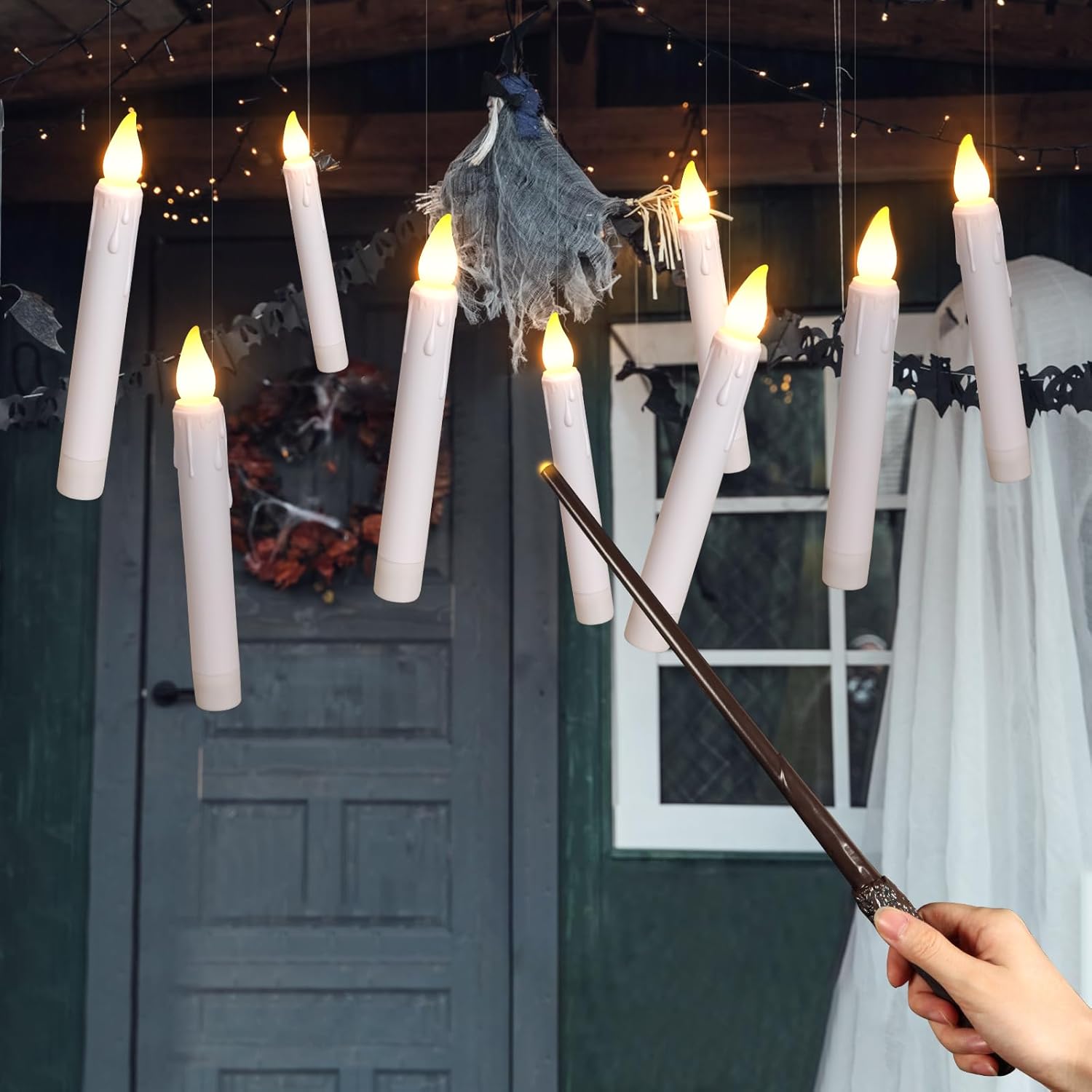 16 velas flotantes con control remoto de varita mágica, velas cónicas sin llama de 6.7 pulgadas, velas LED colgantes de Halloween, velas de ventana