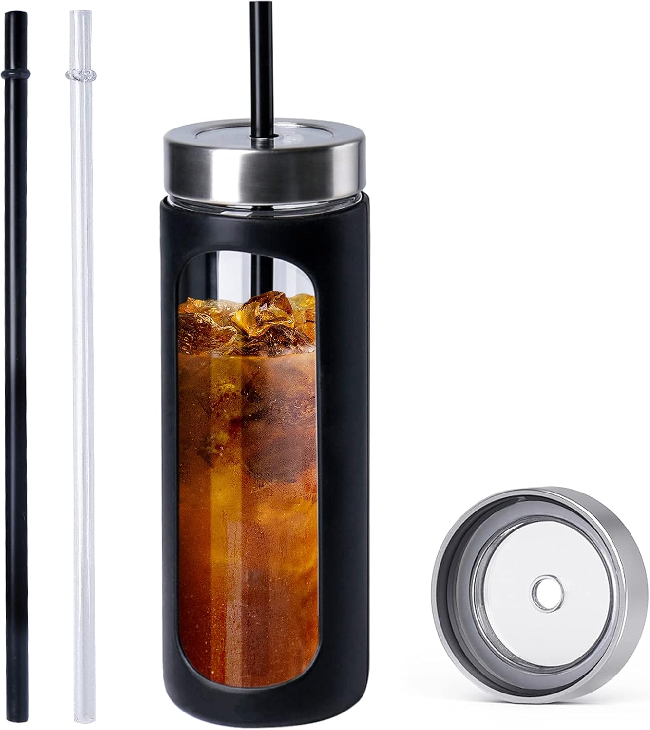 Kodrine Vaso de vidrio para agua de 24 onzas con popote y tapa, botella de agua de boca ancha, funda protectora de silicona con popote sin BPA,