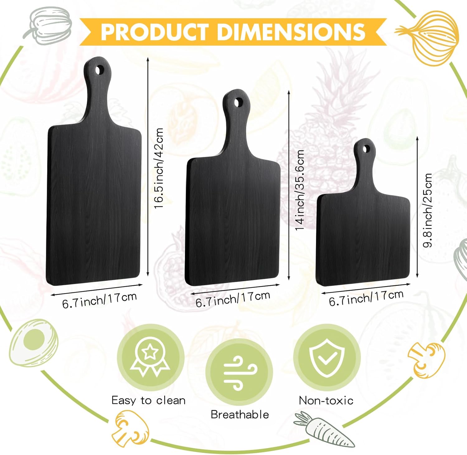 Paquete de 3 tablas de cortar de madera de acacia negra con asa, tablas de servir de pizza de madera, bandeja de charcutería, tabla de cortar para
