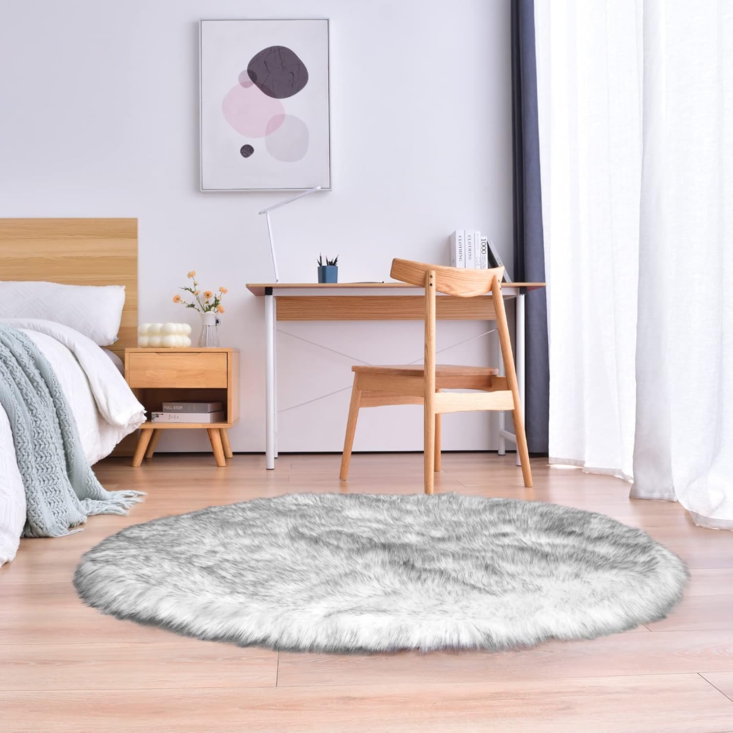 duduta Alfombra redonda de piel de oveja sintética de color negro y blanco de 4 x 4 pies, esponjosa y esponjosa para decoración de cuarto de bebé,
