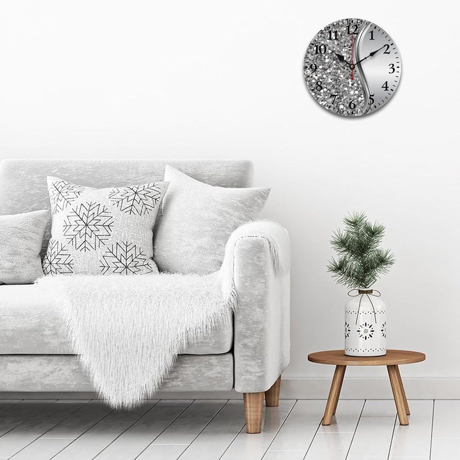 Reloj de pared, reloj de pared plateado con purpurina sintética, funciona con pilas, silencioso, sin tictac, relojes redondos de madera decorativos