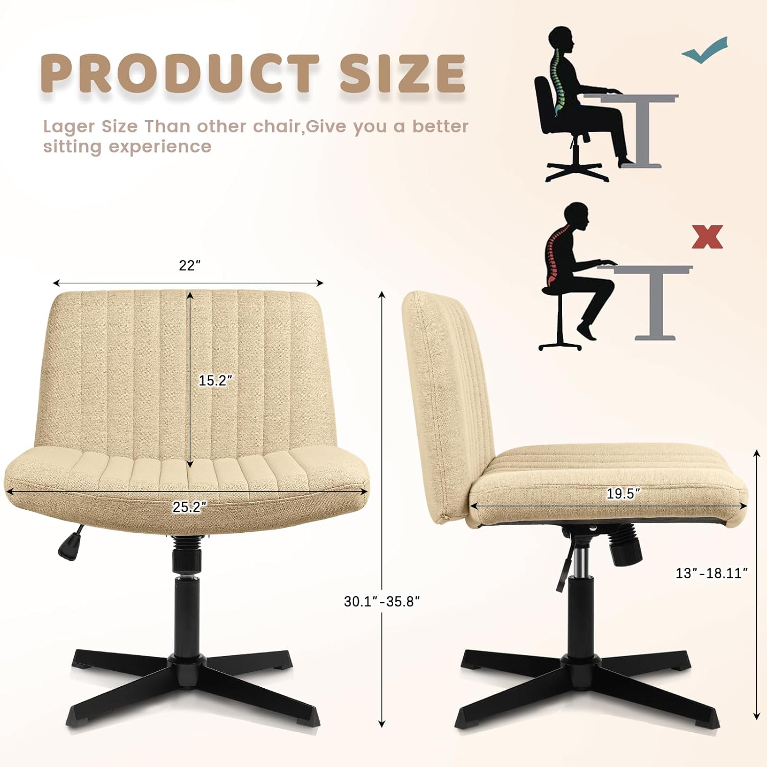 LEMBERI Silla de escritorio acolchada de tela, sin ruedas, silla giratoria ancha sin brazos, silla de escritorio para oficina en casa, mecedora de