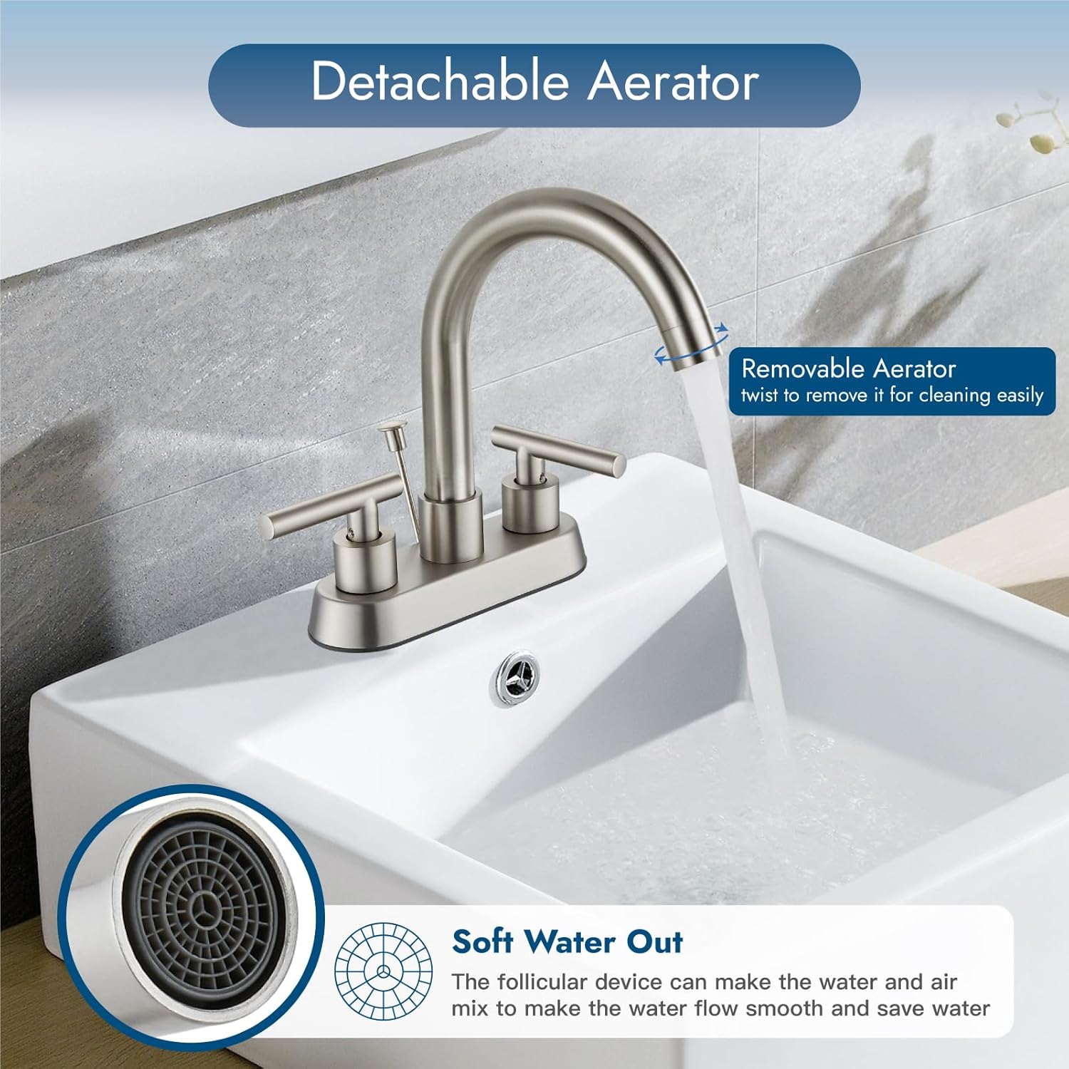 Cinwiny Grifo de baño central de 4 pulgadas con varilla de elevación, tapón de drenaje de níquel cepillado, doble mango, 3 agujeros, grifo de lavabo