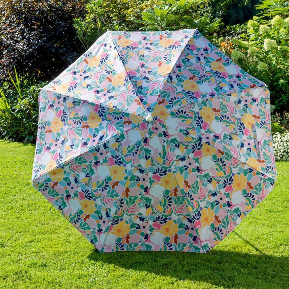 Sombrilla de playa para exteriores de 6.5 pies con anclaje de arena y protección solar UV50+, ligero y portátil, diseño de estampado de flores sin