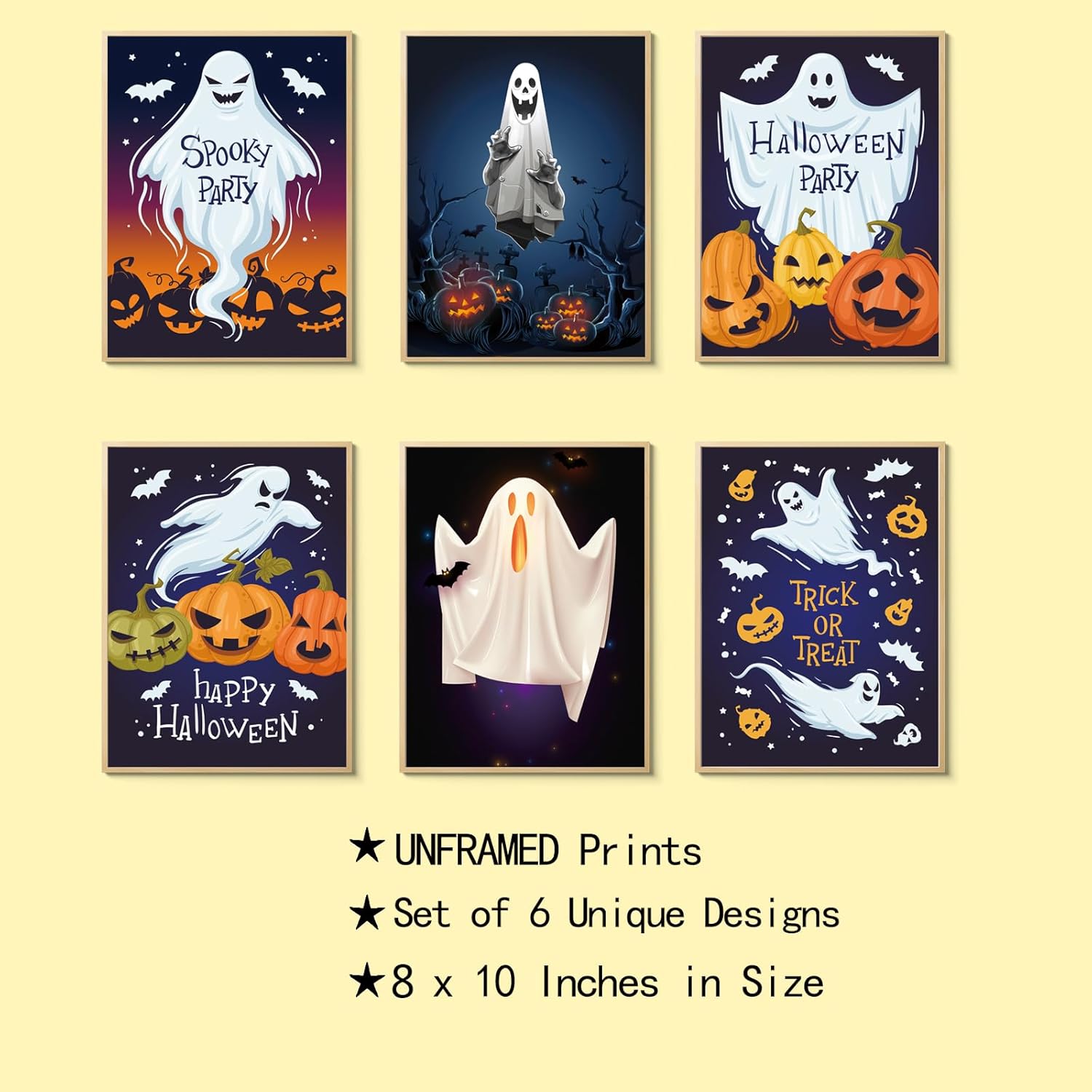 CEKEIOLMLW Póster de fantasma, arte de pared de Halloween, divertido y espeluznante estampado de calabaza iluminada, decoración de pared de