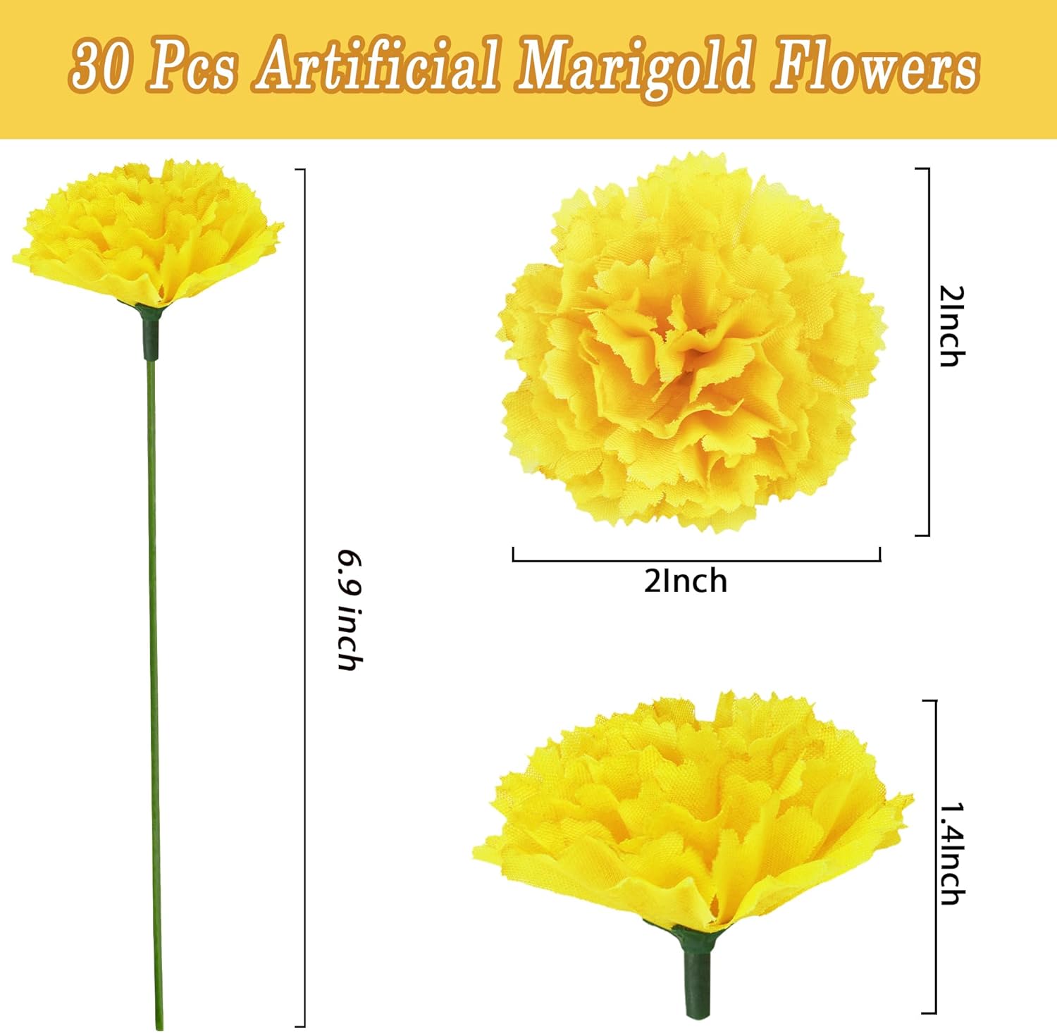 30 flores artificiales de caléndula de 2 pulgadas, cabezas de flores de caléndula de seda con tallos, flores amarillas artificiales, cabezas de