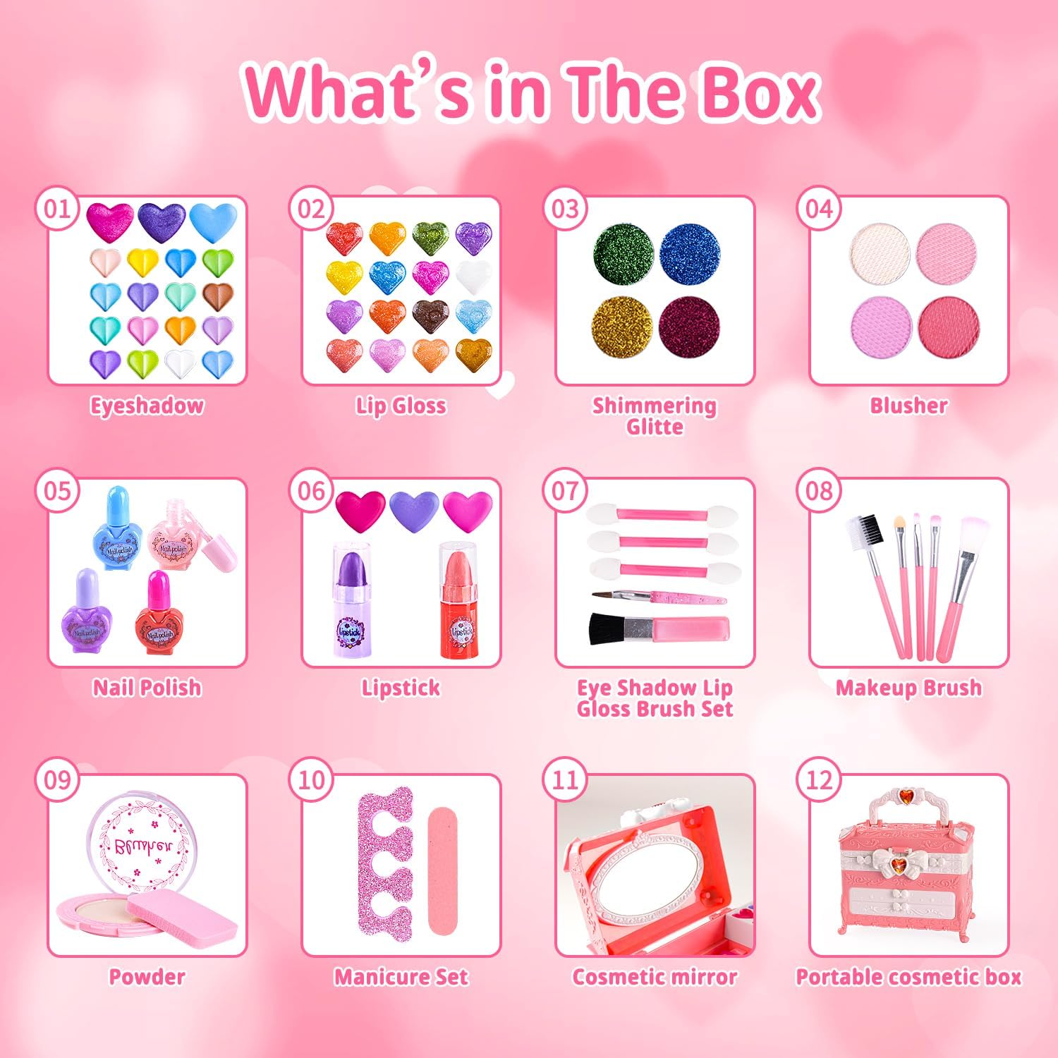 Kit de maquillaje infantil para niñas, juego de maquillaje de princesa lavable real, 66 piezas de juguetes de Mqsiuve para niñas, regalo de Navidad