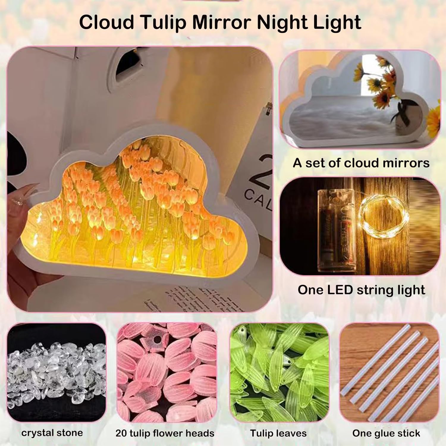 Yinhamnl Lámpara de nube de tulipanes de 20 flores, espejo de nube de tulipán, luces nocturnas para dormitorio, regalo creativo para adolescentes,