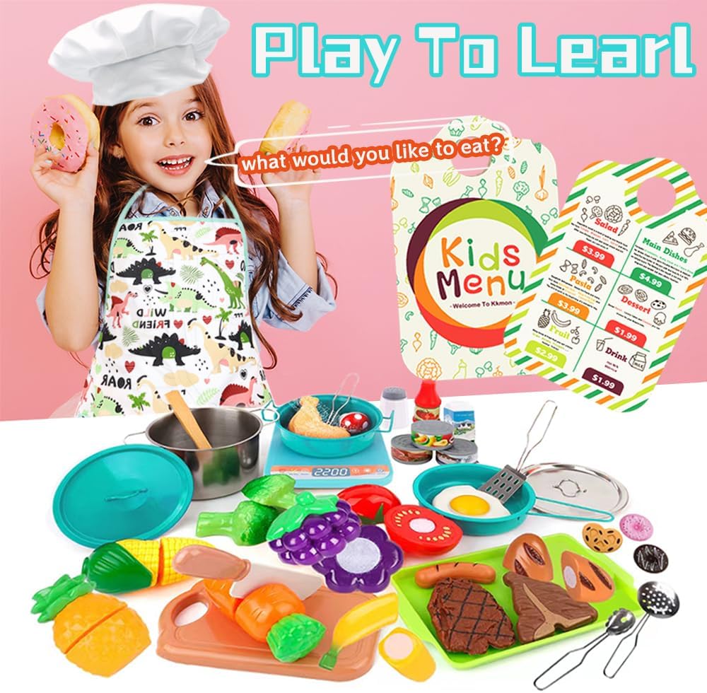 KKmon Juego de accesorios de cocina para niños, juego de 36 ollas y sartenes de acero inoxidable para niños, juego de cocina de simulación con juego
