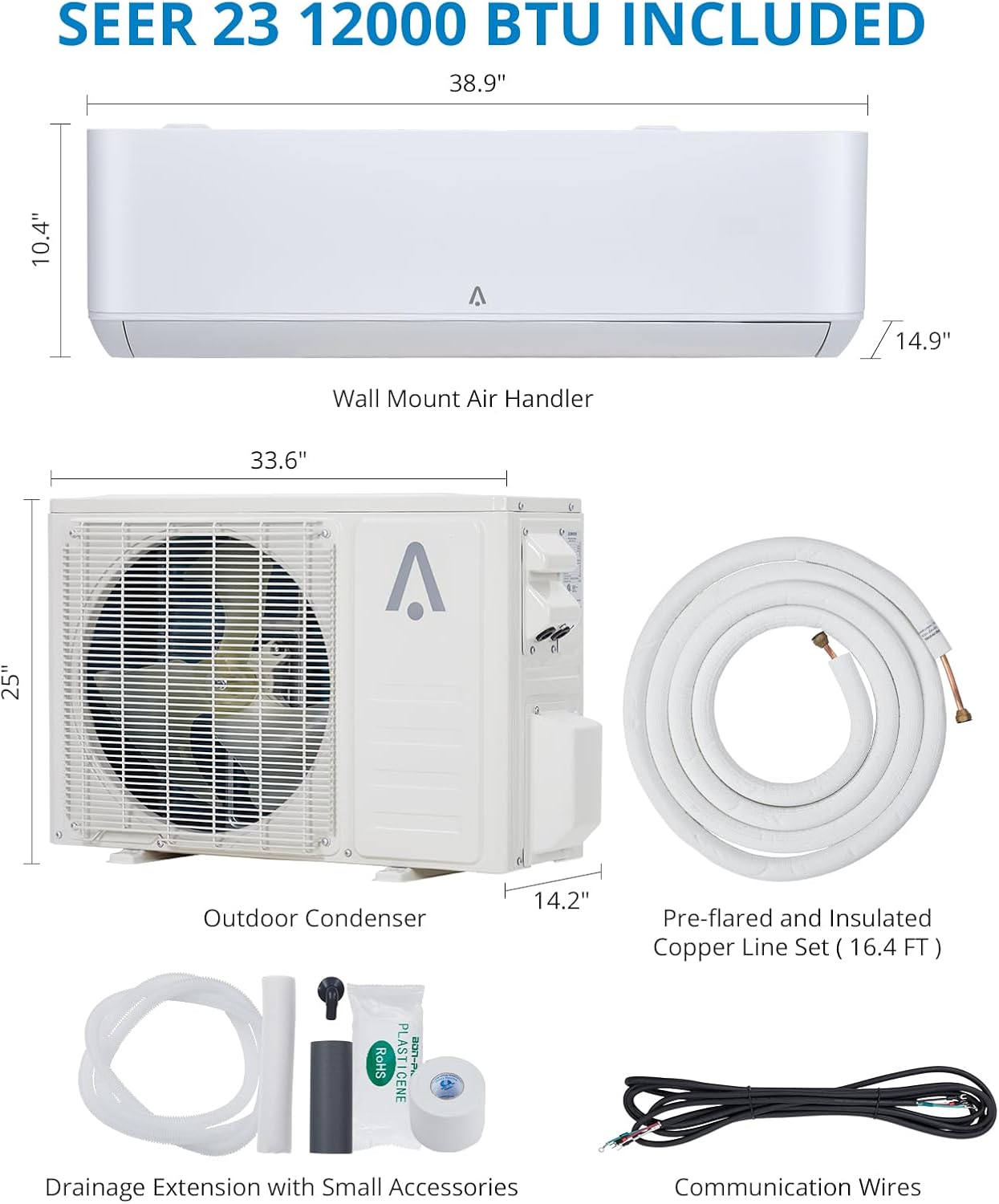Inversor de aire acondicionado de sistema dividido de 12,000 BTU, sistema de calefacción de aire acondicionado dividido 23 SEER, enfría habitaciones