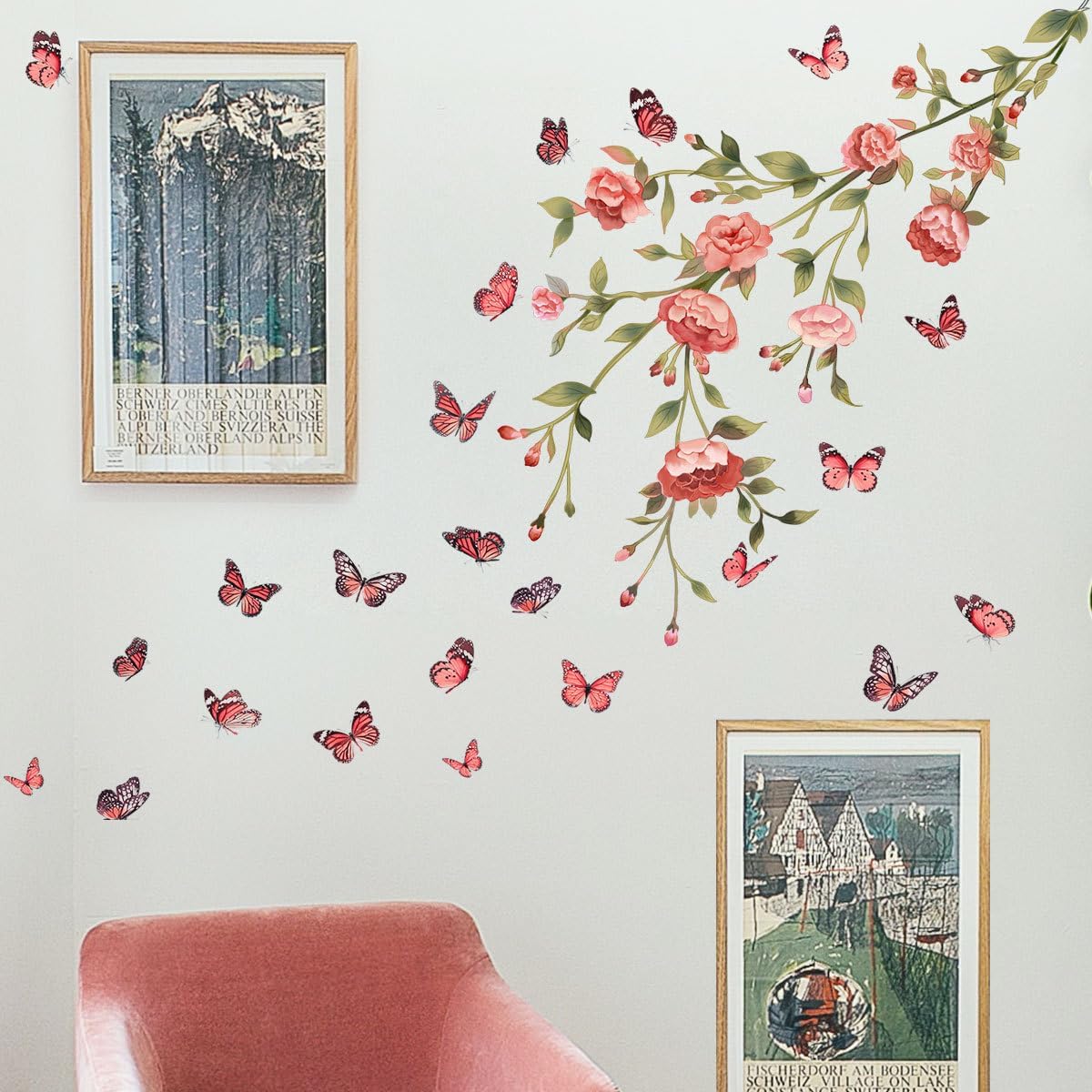 Adhesivo de pared de flores rojas con diseño de mariposas revoloteantes, decoración de pared de plantas florales, papel tapiz para despegar y pegar,