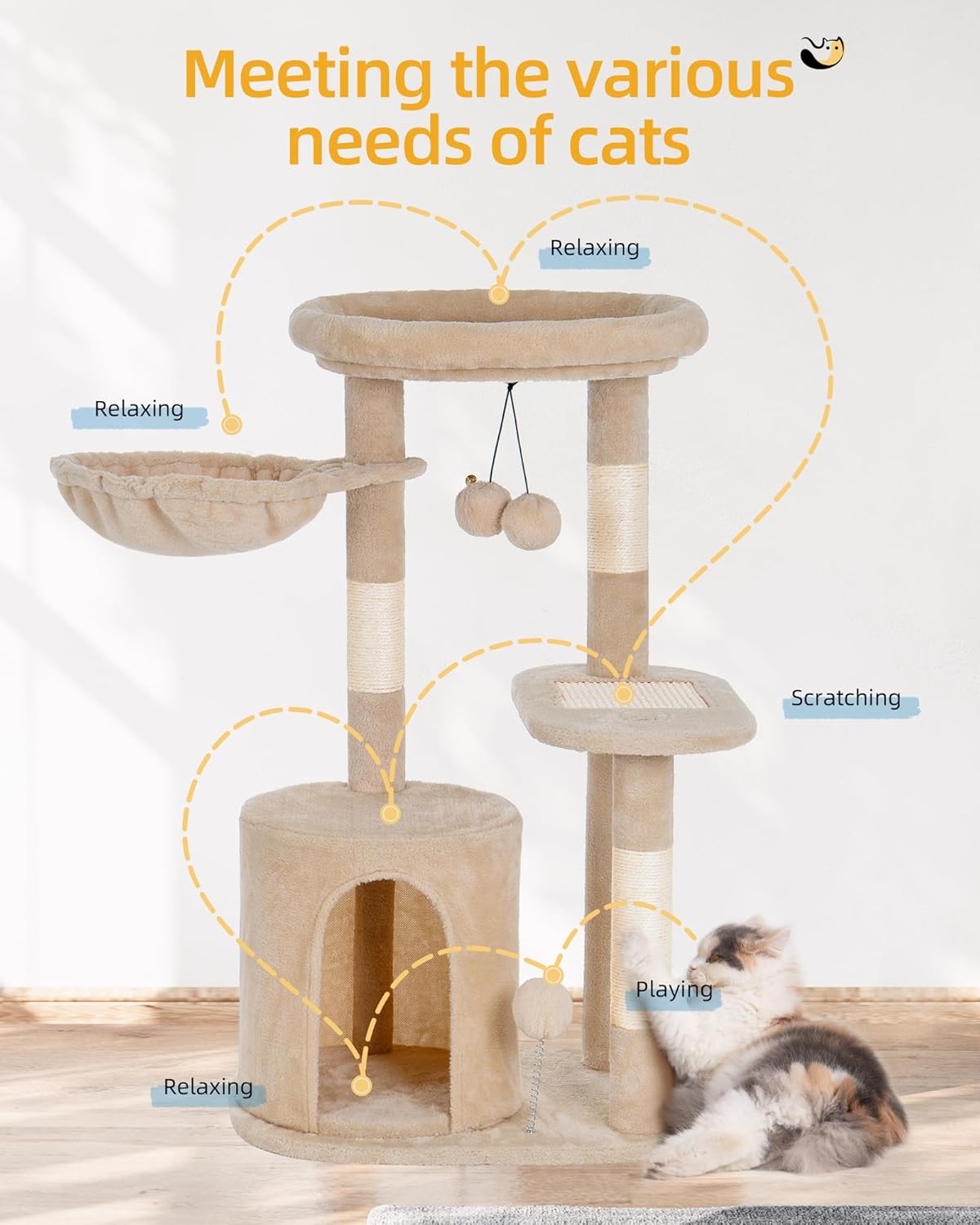 Aechonow Torre de árbol para gatos pequeños de interior con condominio y hamaca profunda, torre para gatos con poste rascador de sisal natural y