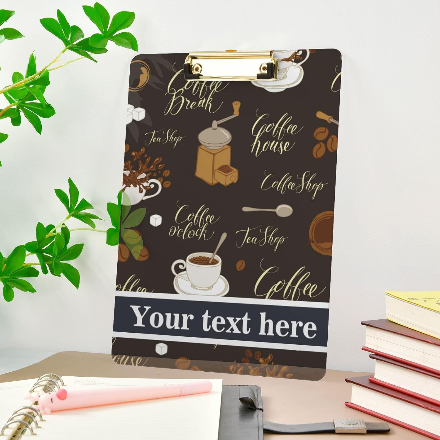 Portapapeles de plástico personalizado para té, café, tamaño carta estándar, cartón personalizado con clip de metal de perfil bajo para colgar,
