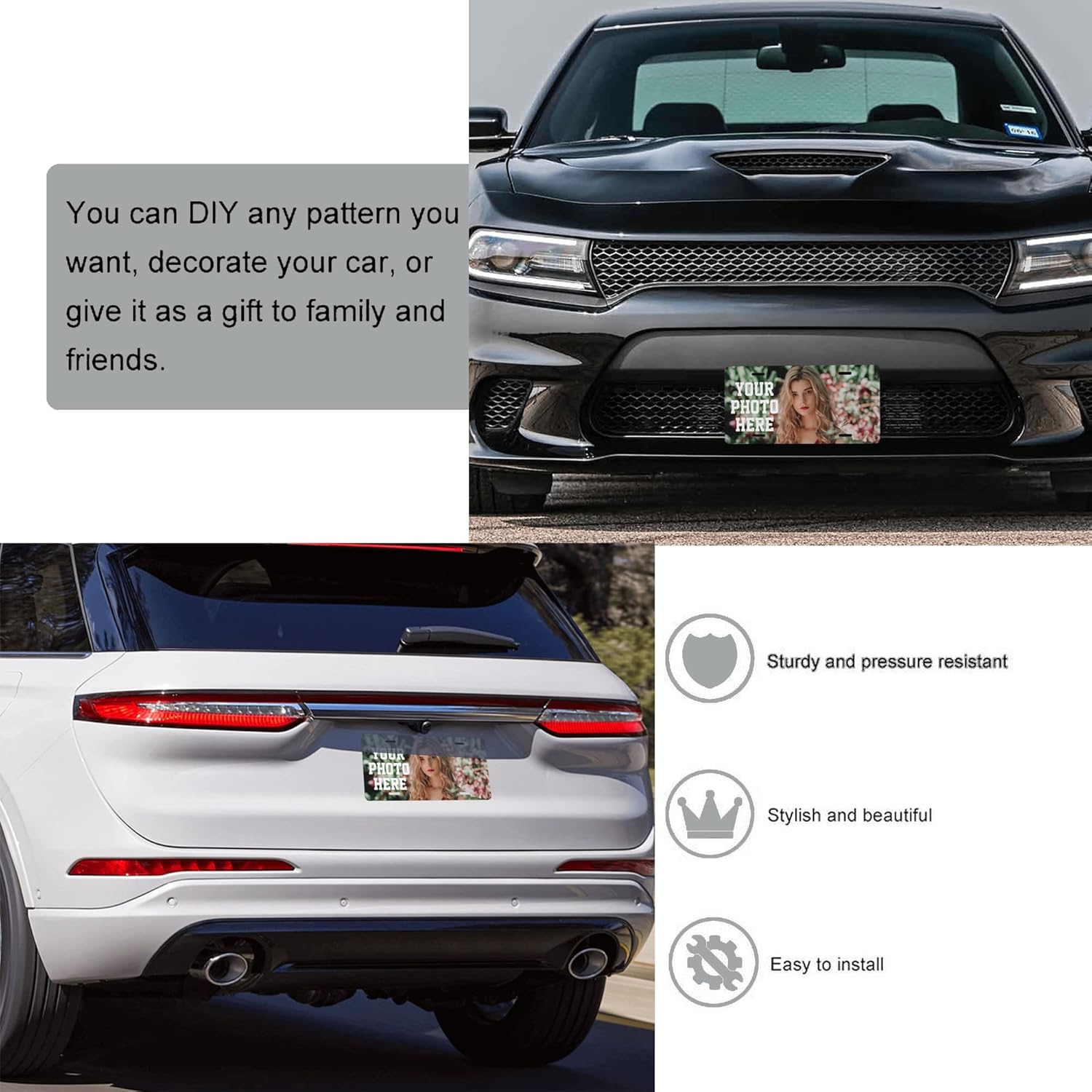Placa de matrícula personalizada para la parte delantera del automóvil, decoración personalizada, añade tu foto, texto, logotipo, decoración de