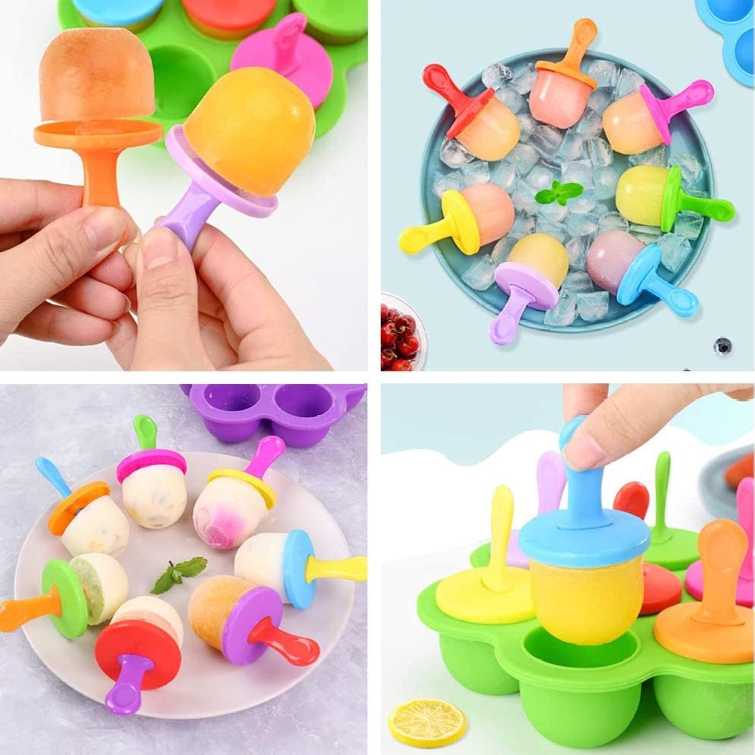 Moldes de silicona para paletas, mini molde para paletas de hielo de 7 cavidades con palos coloridos y protectores de goteo, contenedor de