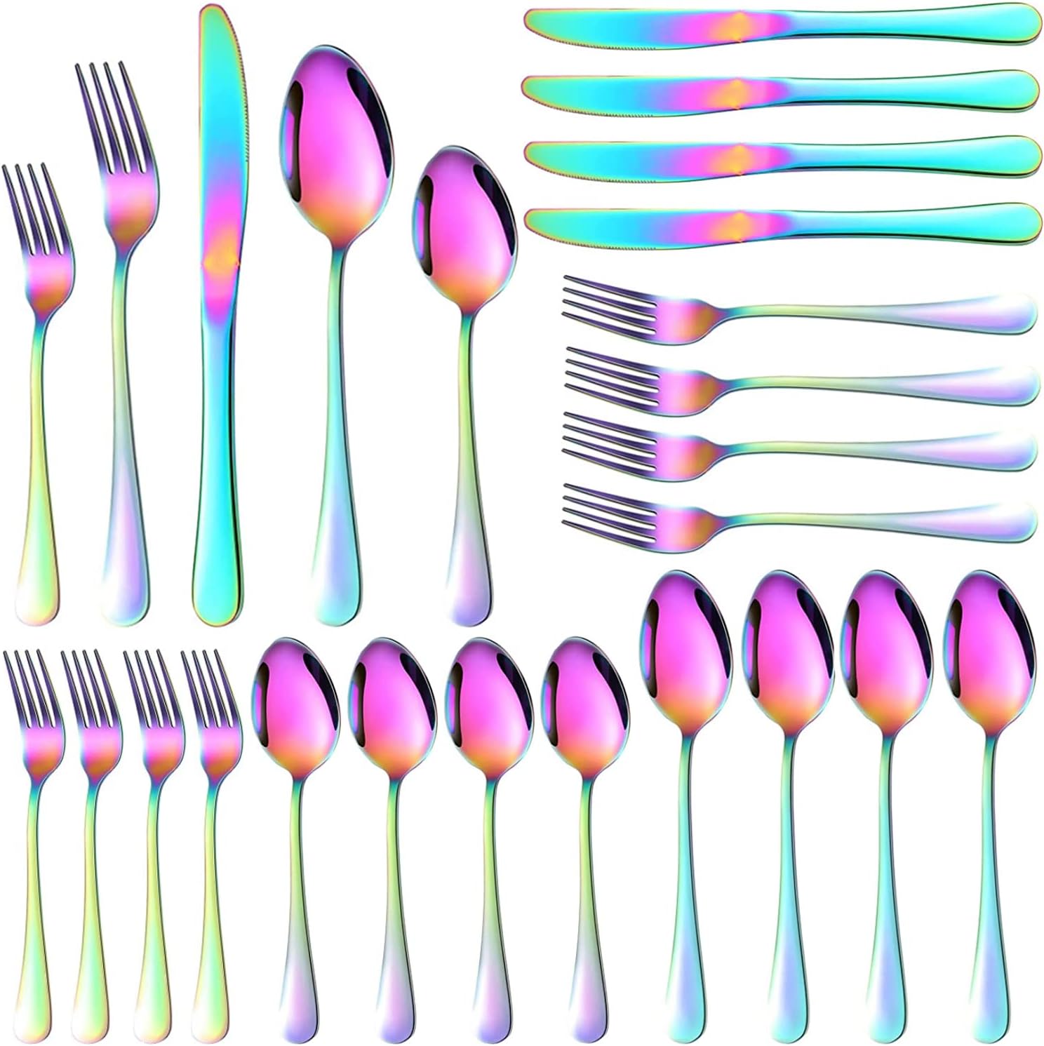 Juego de cubiertos de arcoíris de 20 piezas para 4, juego de cubiertos coloridos de acero inoxidable 180, juego de cubiertos de arcoíris pulido con