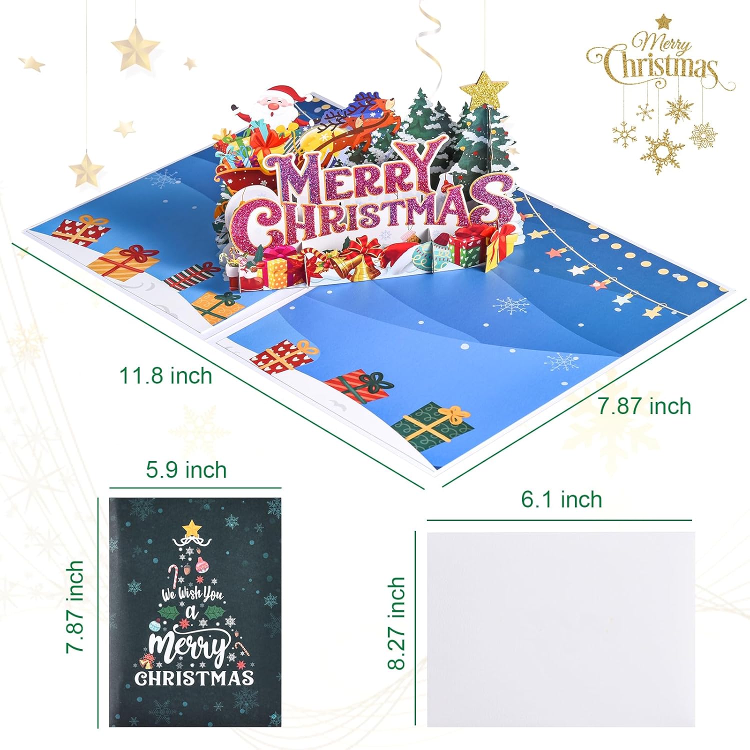 Venhoo Tarjeta de Navidad musical, tarjetas emergentes de Navidad 3D con luces y música de Feliz Navidad, diseño de doble cara, tarjeta de