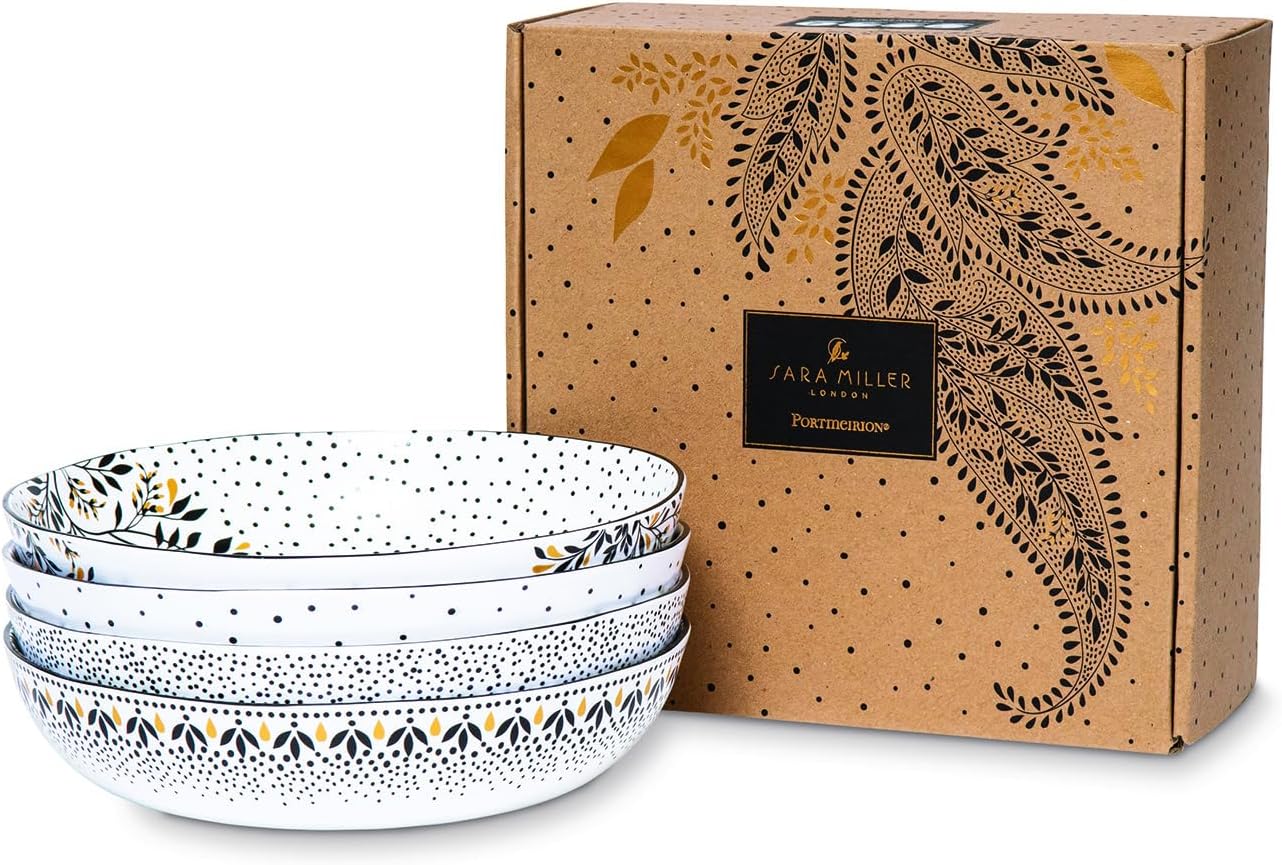 Portmeirion Inicio & Regalos Sara Miller London Artisanne Noir – Cuenco bajo para pasta con detalles dorados, 8.6 in