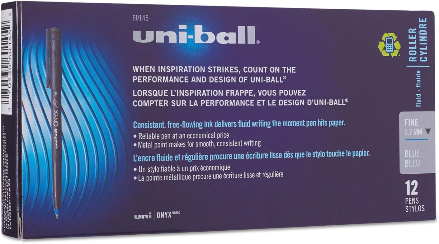 uni-ball Onyx – Bolígrafos de punta fina, 0.028 in, barril negro, tinta azul, paquete de 12 unidades