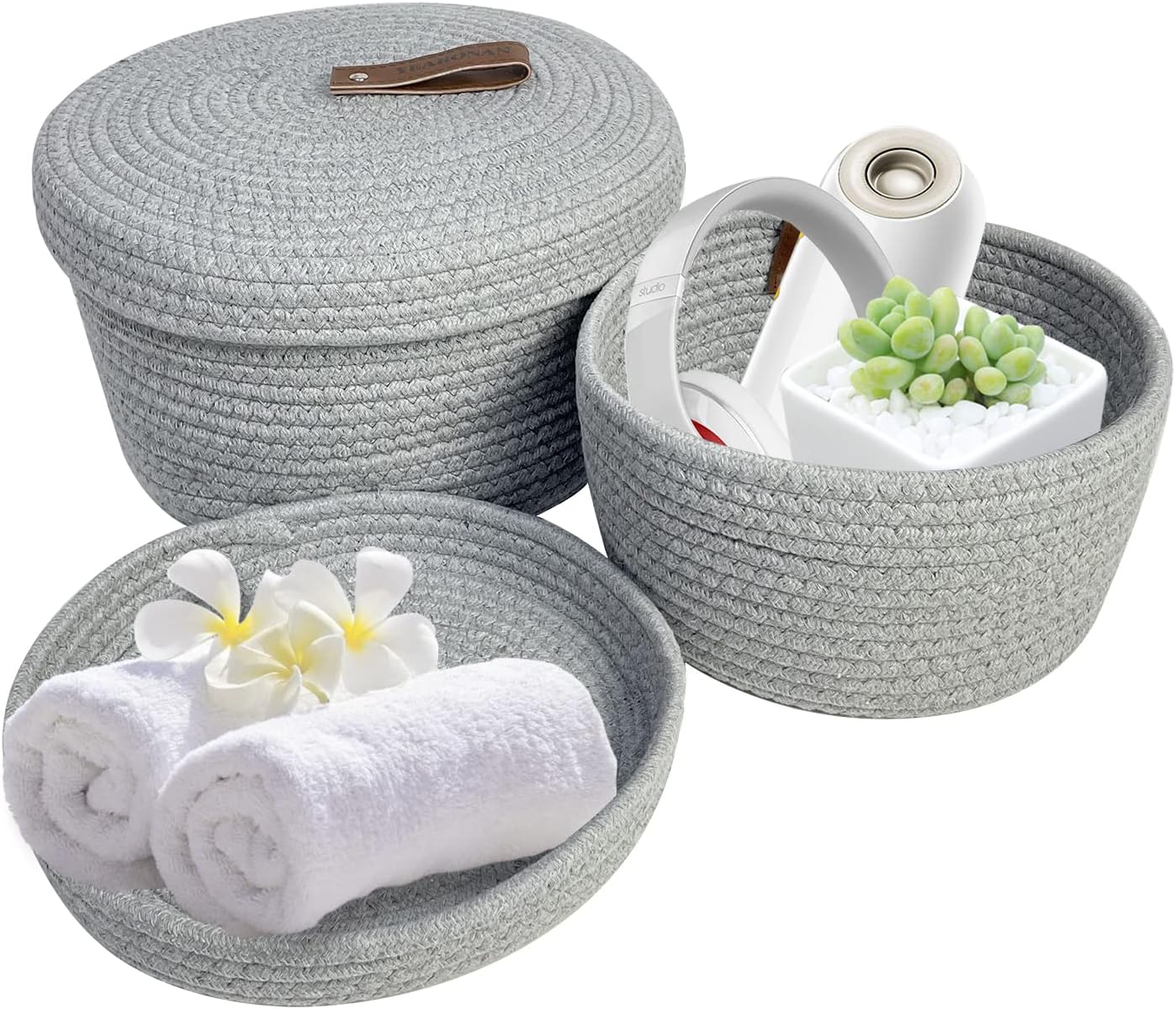 YEARONAN Cesta pequeña con tapa, paquete de 2 cestas decorativas con tapas para estantes y mesas de café, cesta redonda con tapa, regalos para