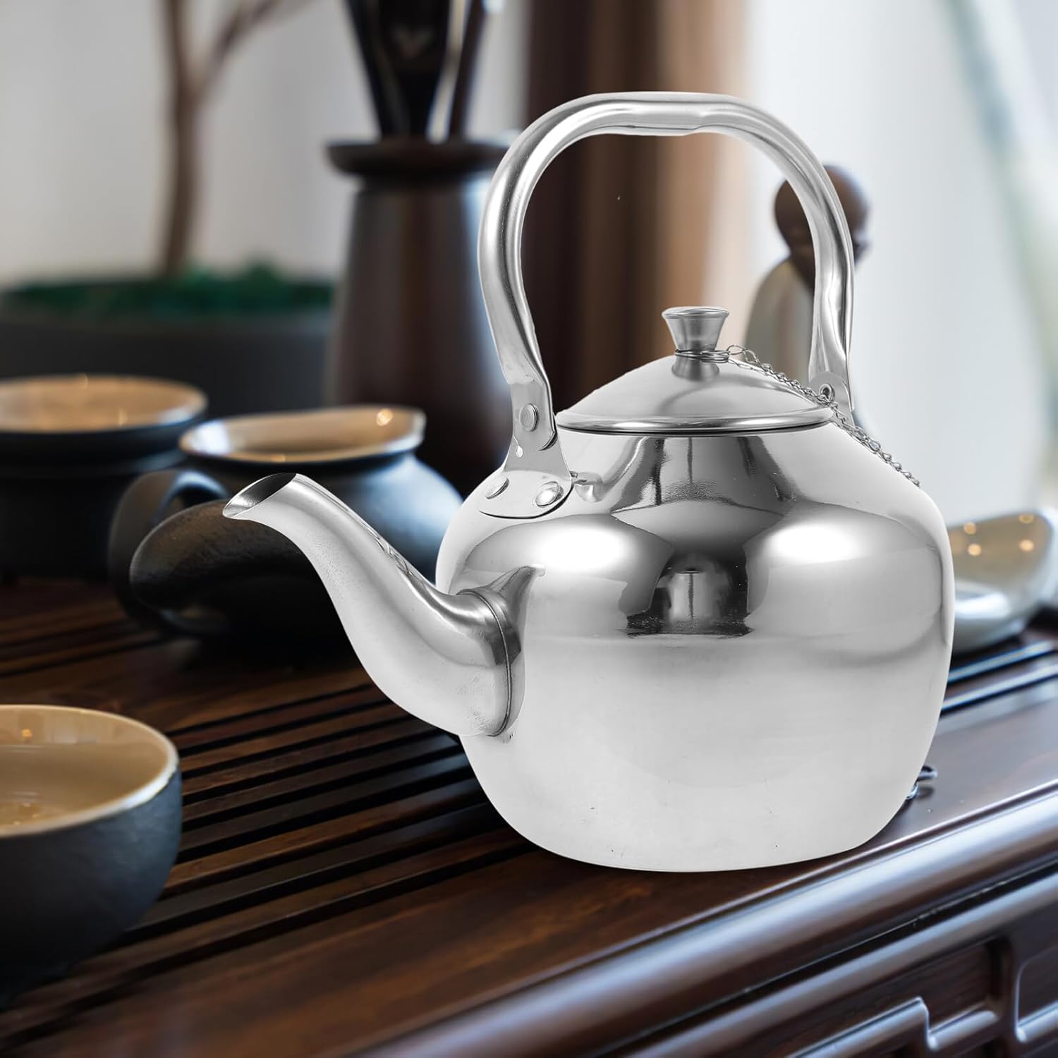 Kichvoe Tetera de viaje de acero inoxidable, tetera de metal, tetera de metal, tetera de agua con asa, tetera para cocina, tetera de acero