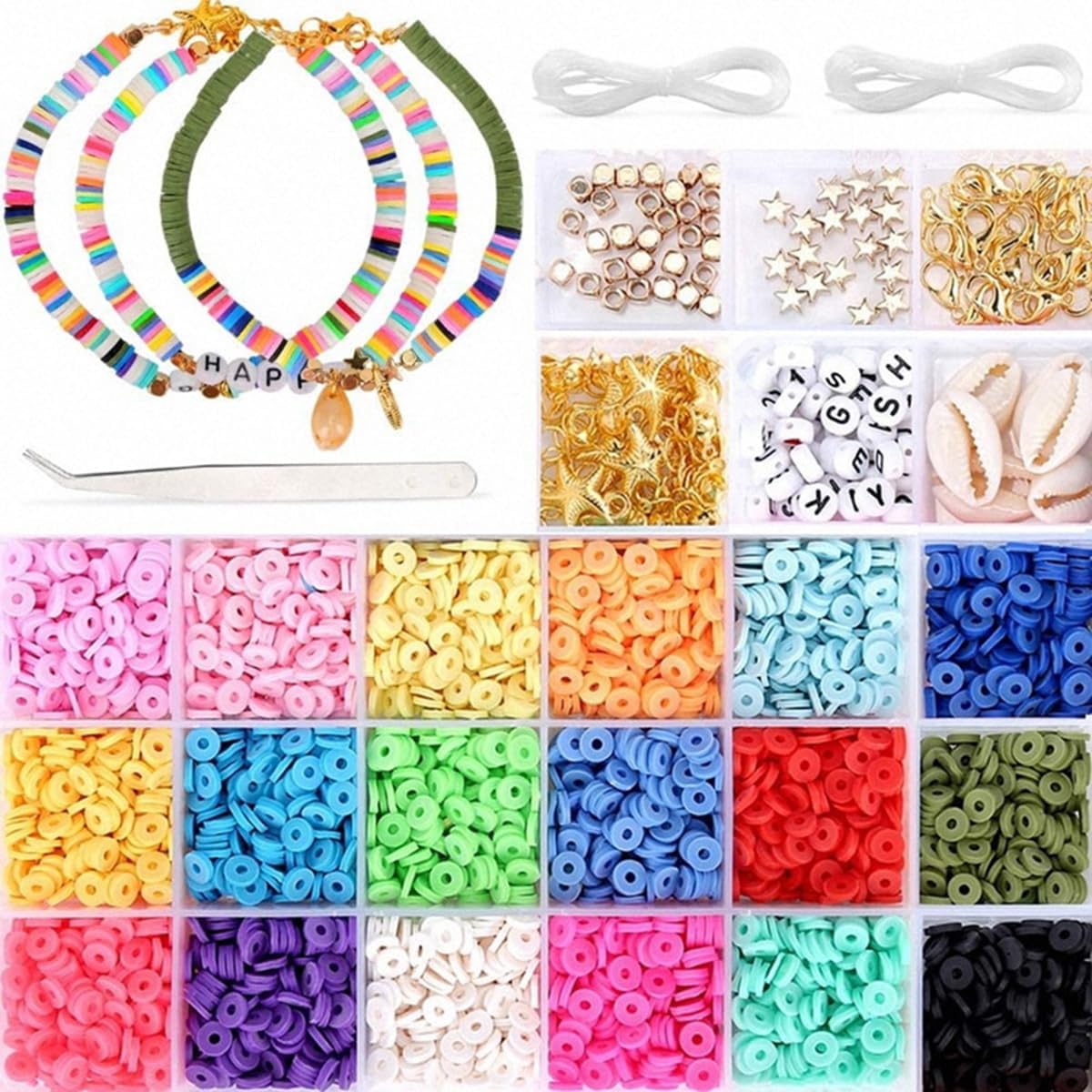 Coujaytie Bracelet Making Kit – 5000 Piece – Featuring 18 Colors of Polymer Clay Beads – Includes Pendants and Elastic Cords – Craft Gift for Girls