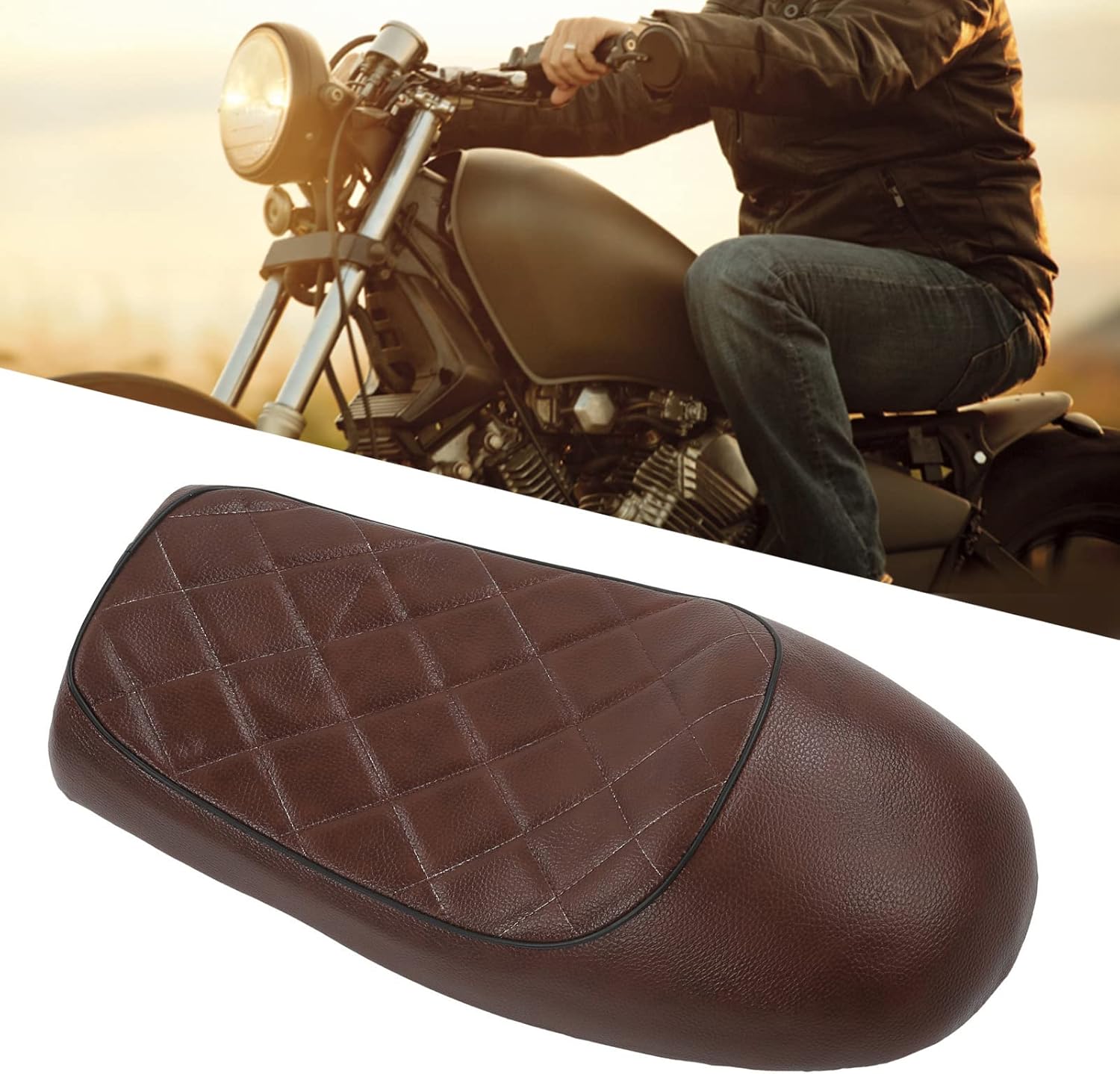 Qiilu Asiento de una pieza para motocicleta  CB125 CB175 CB200 CB350 CB360 CB400 Cojín de asiento marrón Forma de joroba Reemplazo vintage para