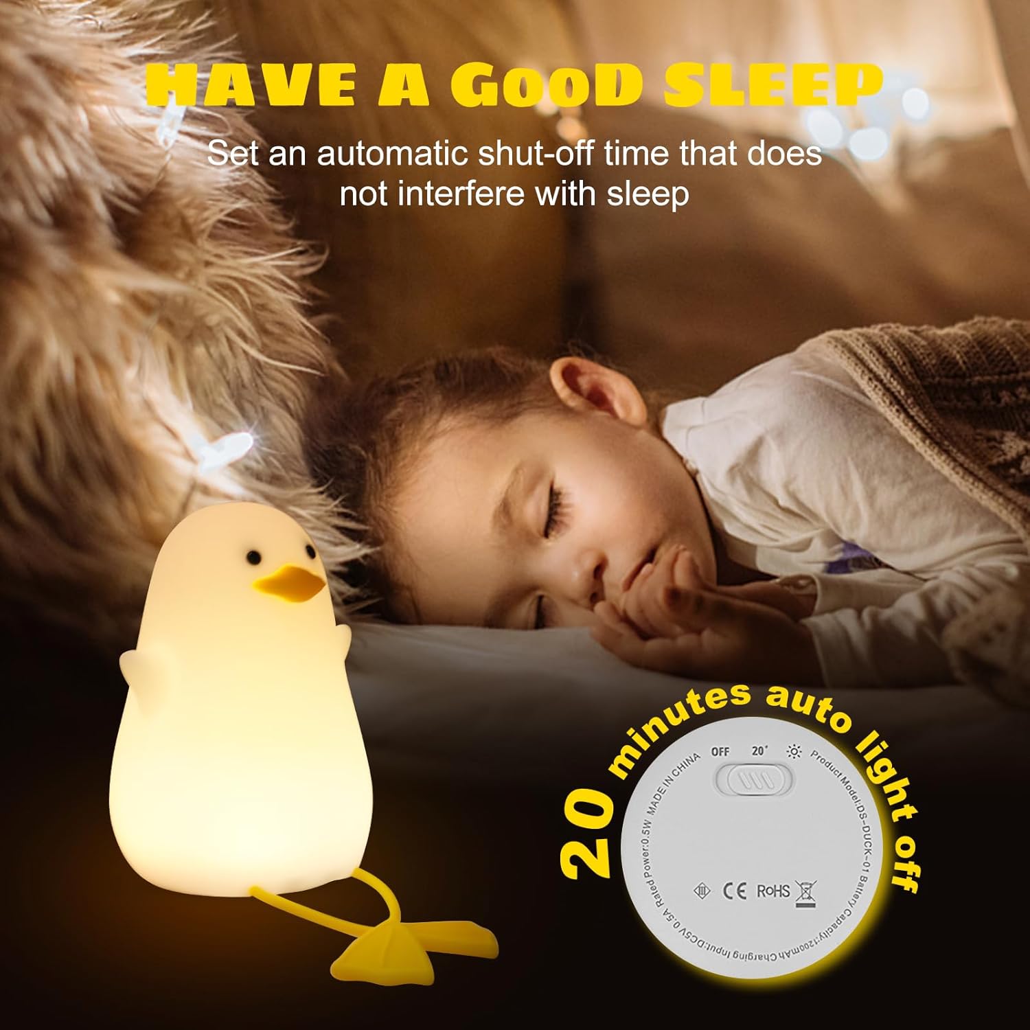 Lámpara de pato, bonita luz nocturna de pato para niños, luz nocturna recargable regulable para niños, lámpara de noche LED de silicona para