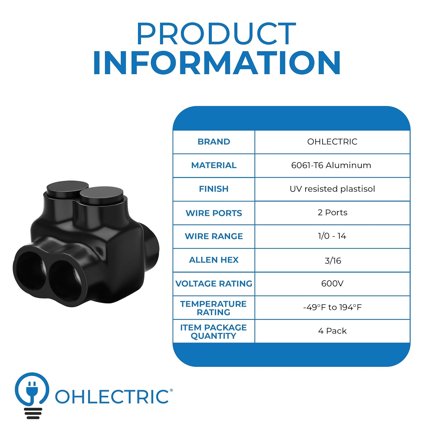 OhLectric Conector de empalme aislado negro con revestimiento de vinilo de goma con inhibidor de óxido prellenado, rango de cables 10-14, hexagonal