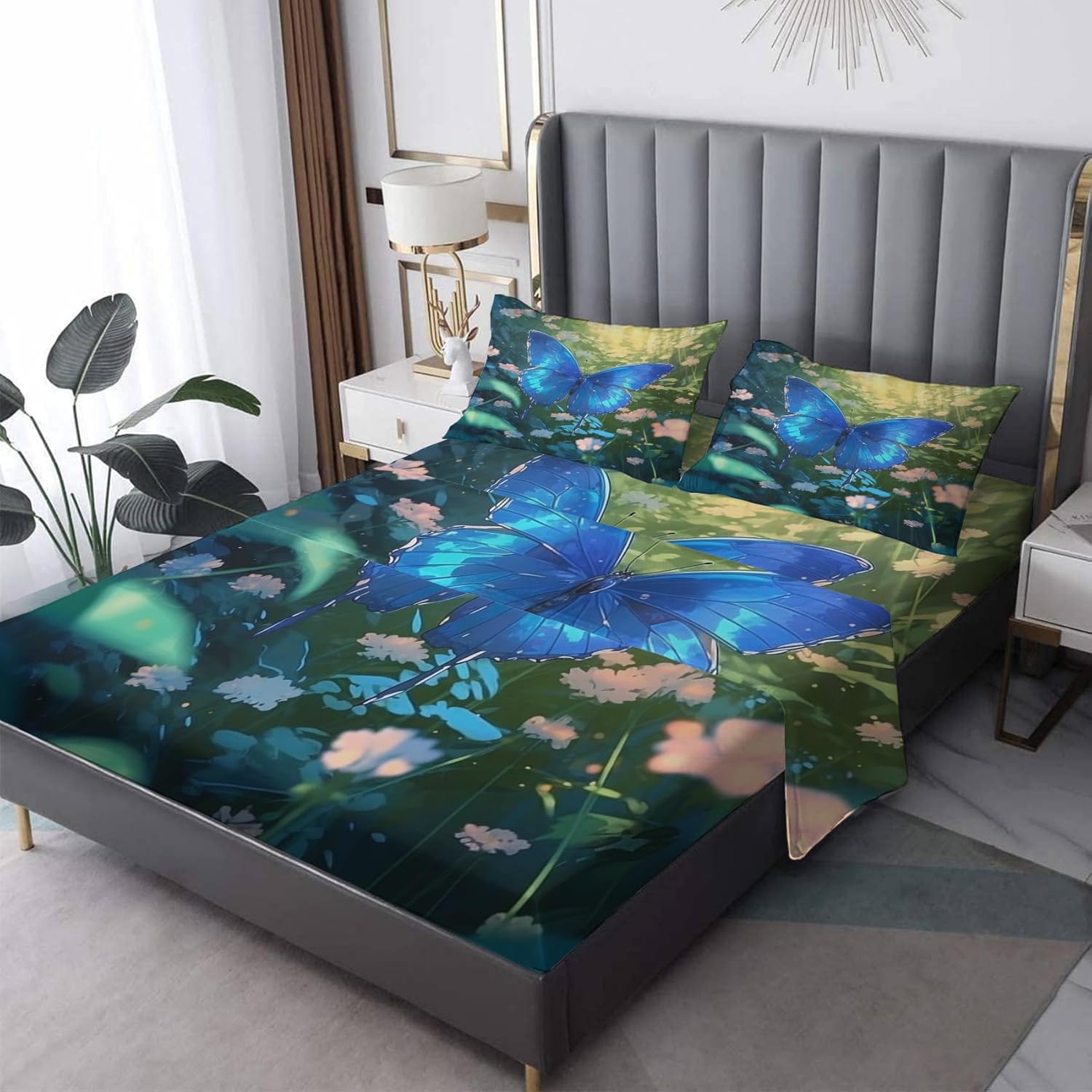 Z9-&-150 – Juego de sábanas de mariposas tamaño King, sábanas y fundas de almohada con patrón de flores y mariposas, sábana bajera ajustable de