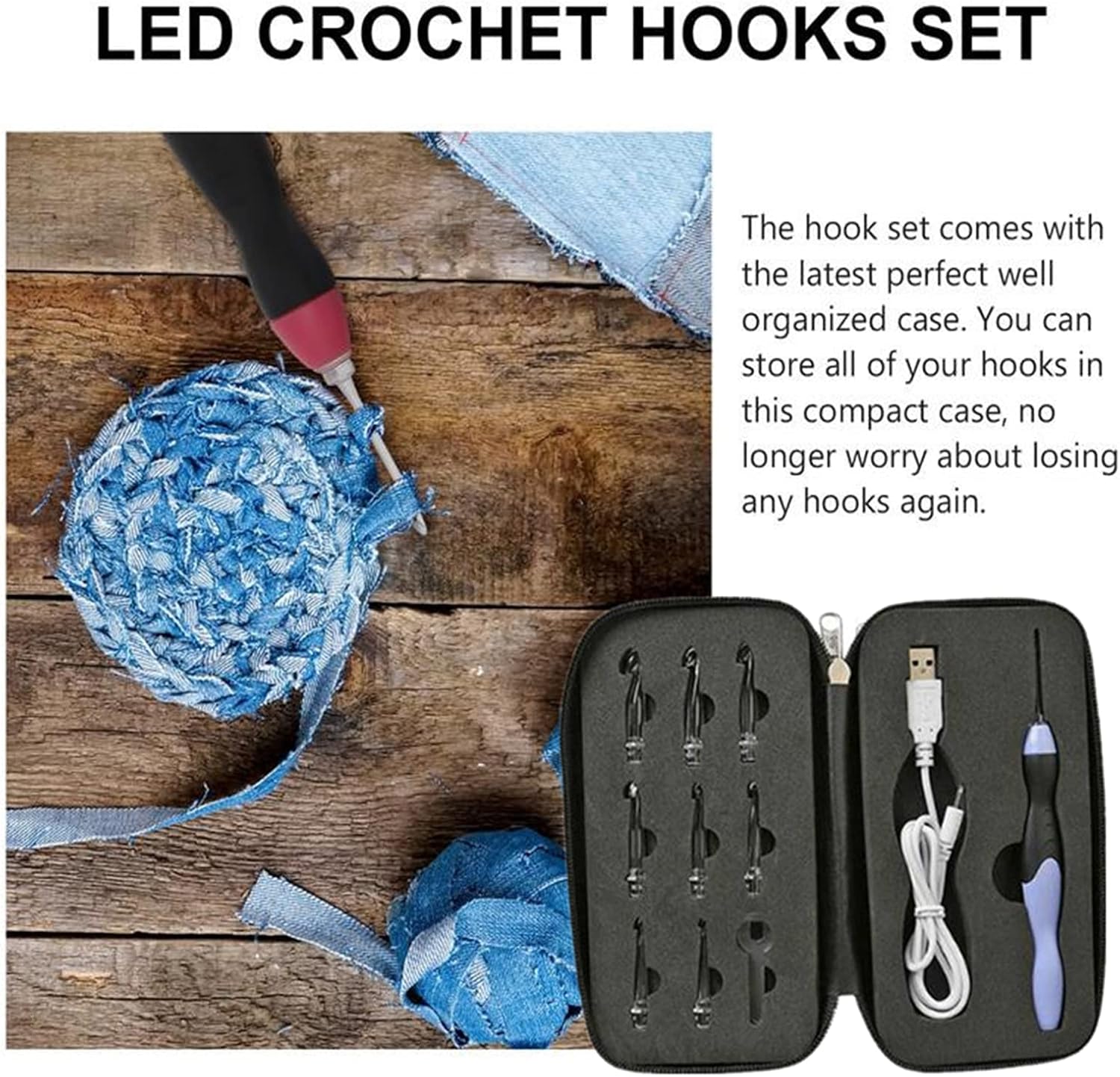 Juego de ganchos de ganchillo de conteo digital, ganchos de ganchillo ergonómicos con luz LED y contador de puntadas digital, kit de tejido para