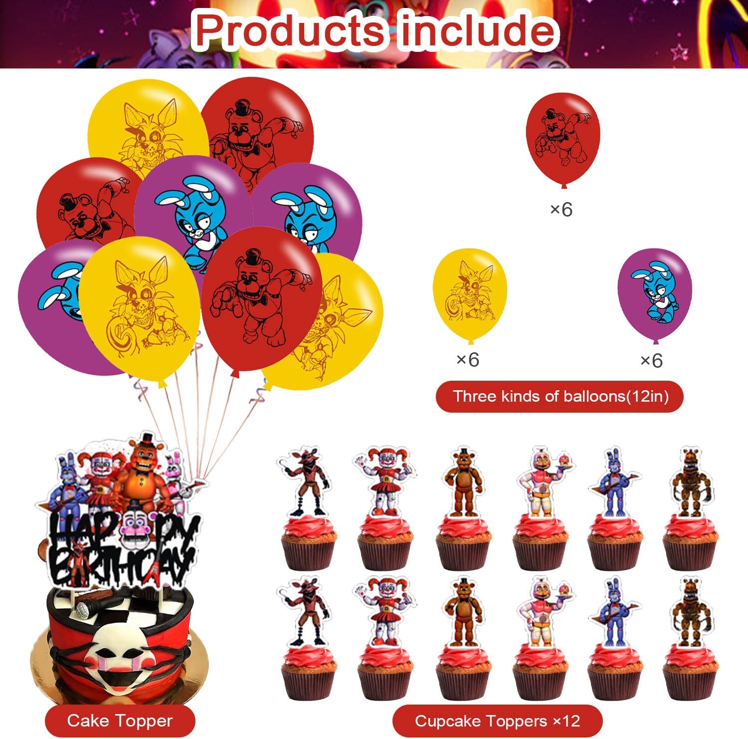 Decoración temática de fiesta de cumpleaños para niños con 1 pancarta de feliz cumpleaños, 12 adornos para cupcakes, 18 globos para fiestas