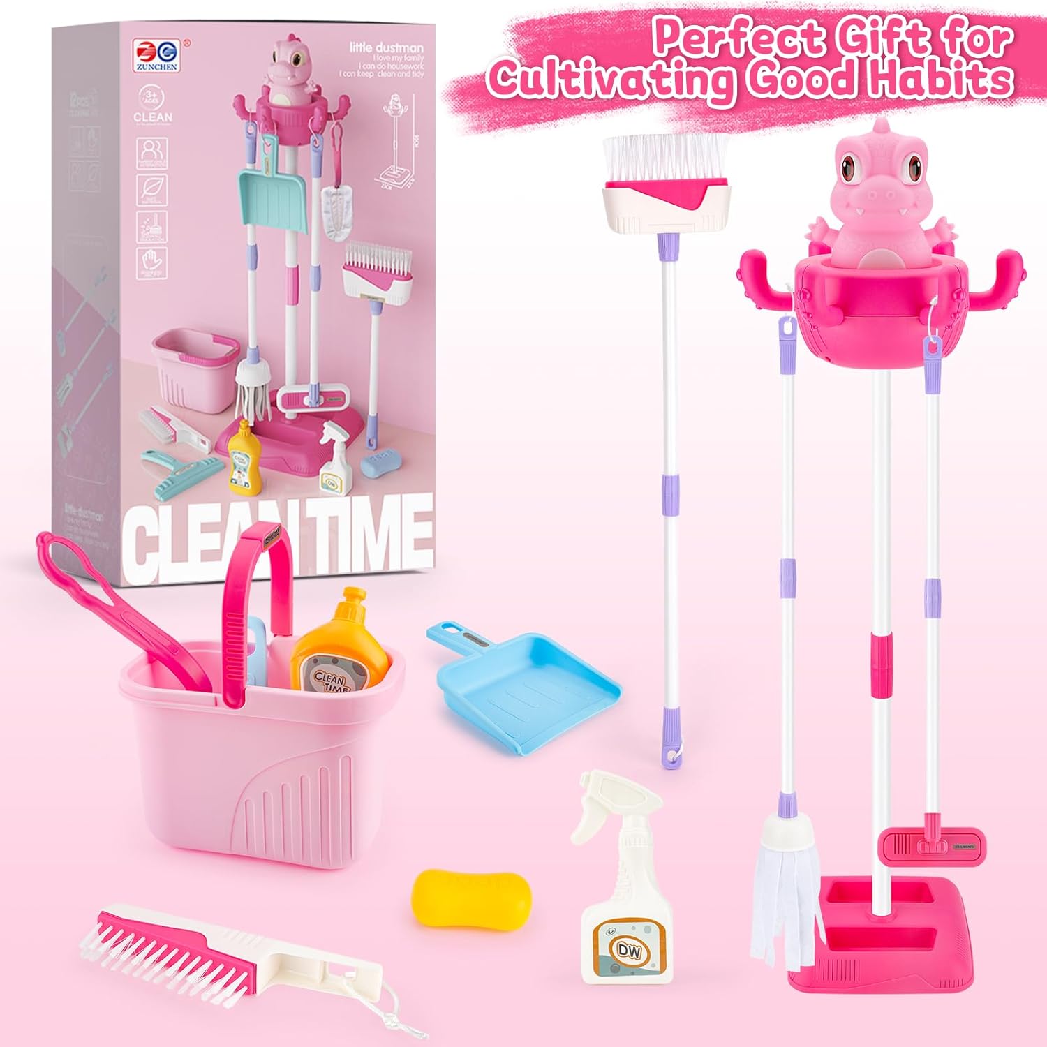 deAO Juego de limpieza para niños, 12 piezas, juego de limpieza para niños, juego de limpieza para niños, juego de escoba y trapeador para niños a