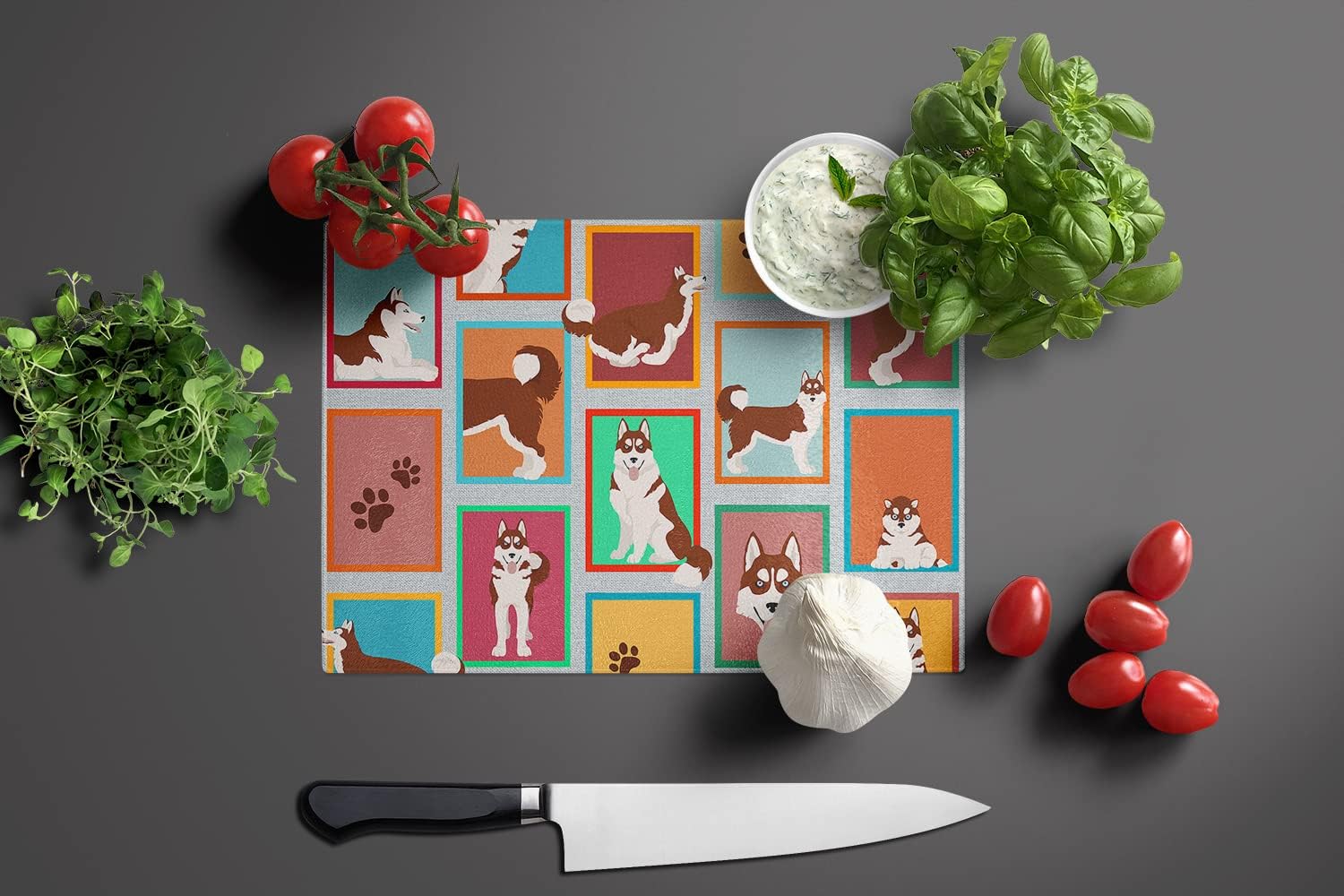 Caroline’s Treasures MLM1160LCB Lots of Red Siberian Husky Glass Cutting Board Large Decorative Tempered Glass Kitchen Cutting and Serving Board