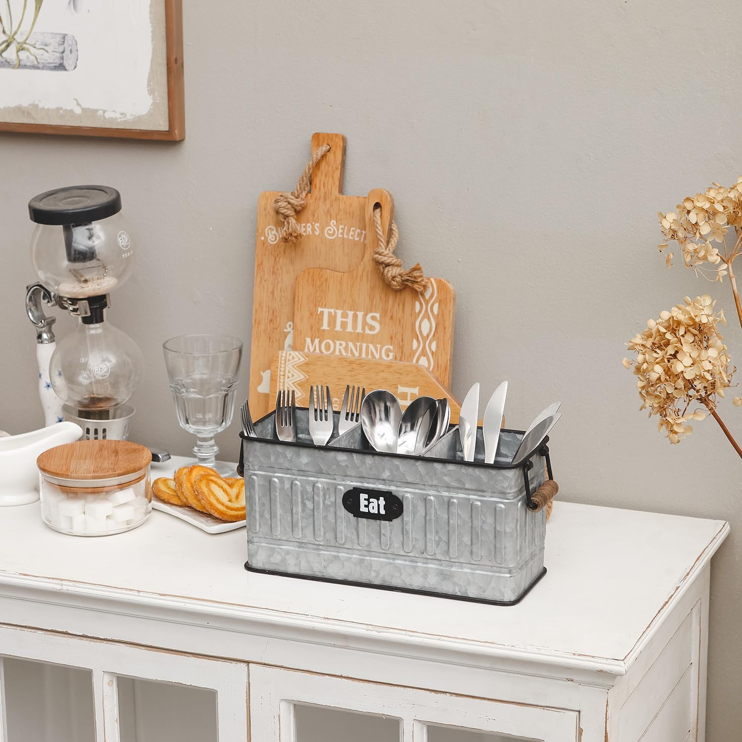 NIKKY HOME Farmhouse – Organizador de cubiertos galvanizado de 3 compartimentos con mango de madera, organizador de cubiertos para encimera de