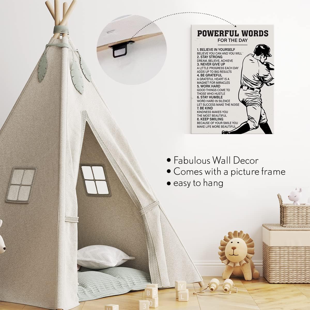 Lienzo enmarcado para jugadores de béisbol, palabras del día, decoración de pared enmarcada para sala de estar, dormitorio, arte de béisbol, póster