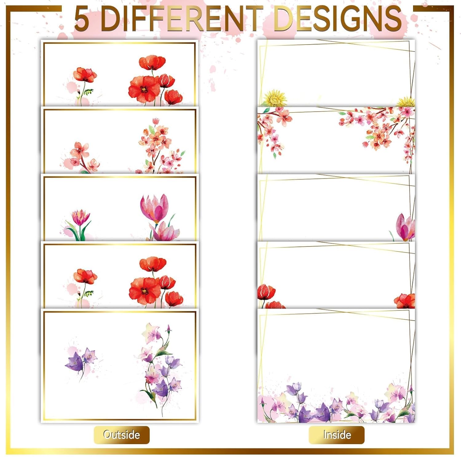 gisgfim 5 tarjetas de flores de acuarela jumbo, tarjeta de felicitación floral grande, diseños de lámina dorada con sobres, libro de invitados